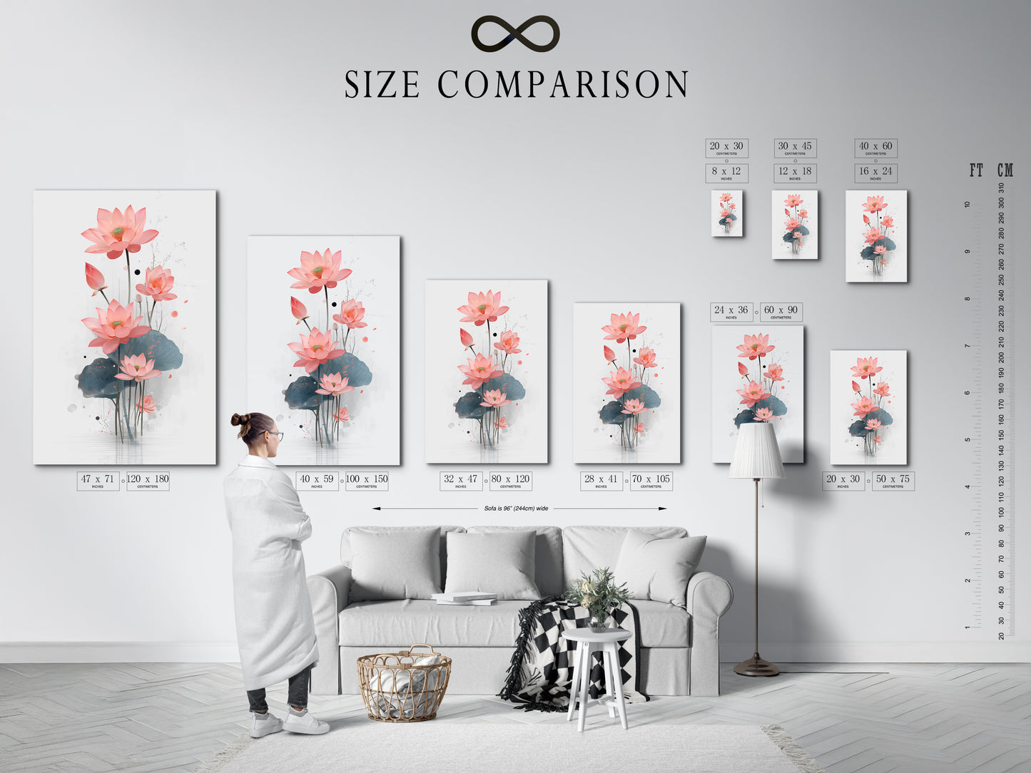 A size comparison chart displayed in a stylish interior. It helps you visualize the perfect fit for your lotus flower art. See how different sizes of floral canvas prints look in a real setting. Choose the ideal botanical print for your wall decoration needs. Find the perfect flower artwork to enhance your space.