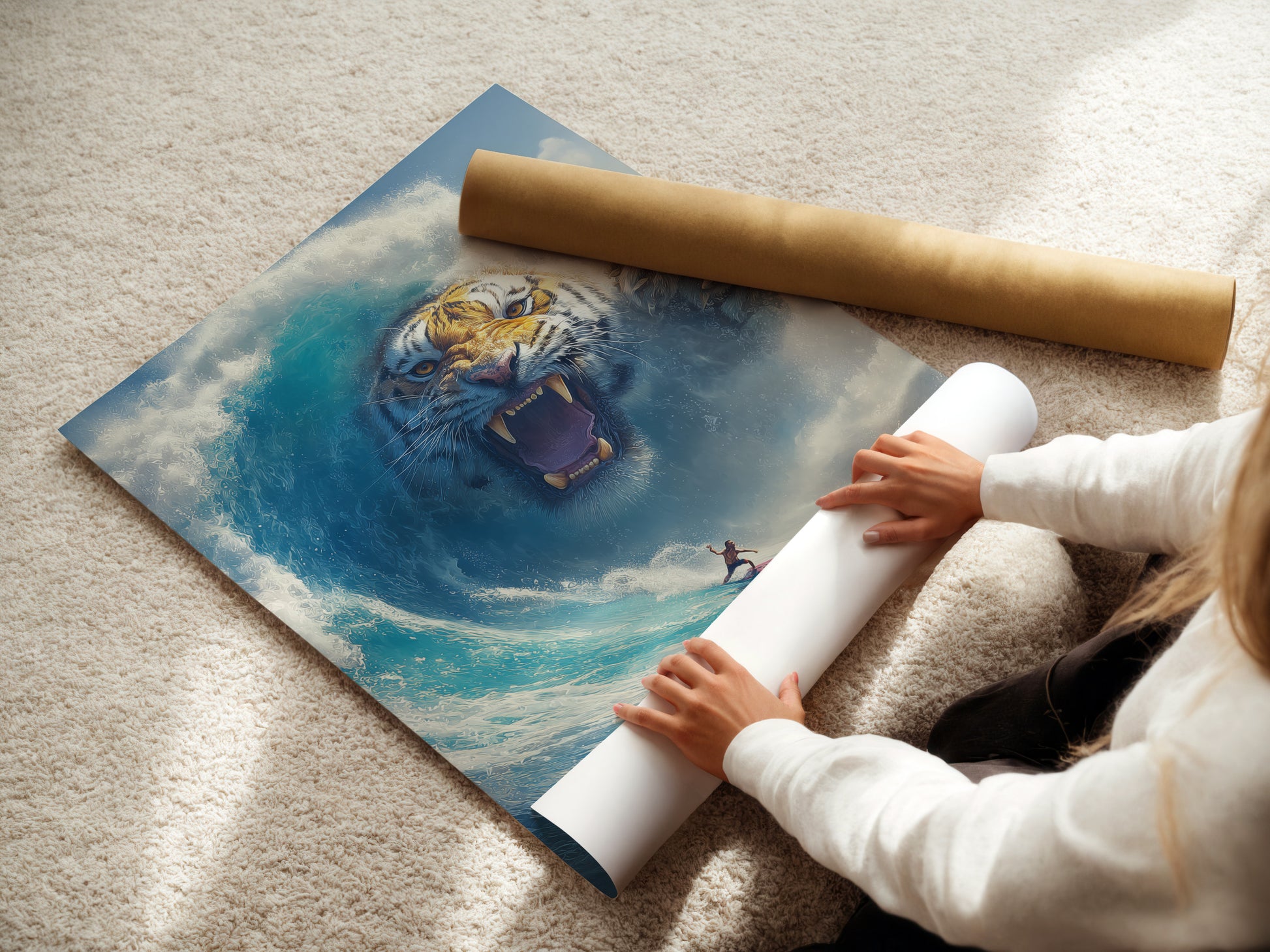 A woman is rolling a fine art poster paper. The poster features surreal tiger wave art. The surfer rides a blue ocean wave. The tiger is a fantasy animal. This is mystical canvas art.