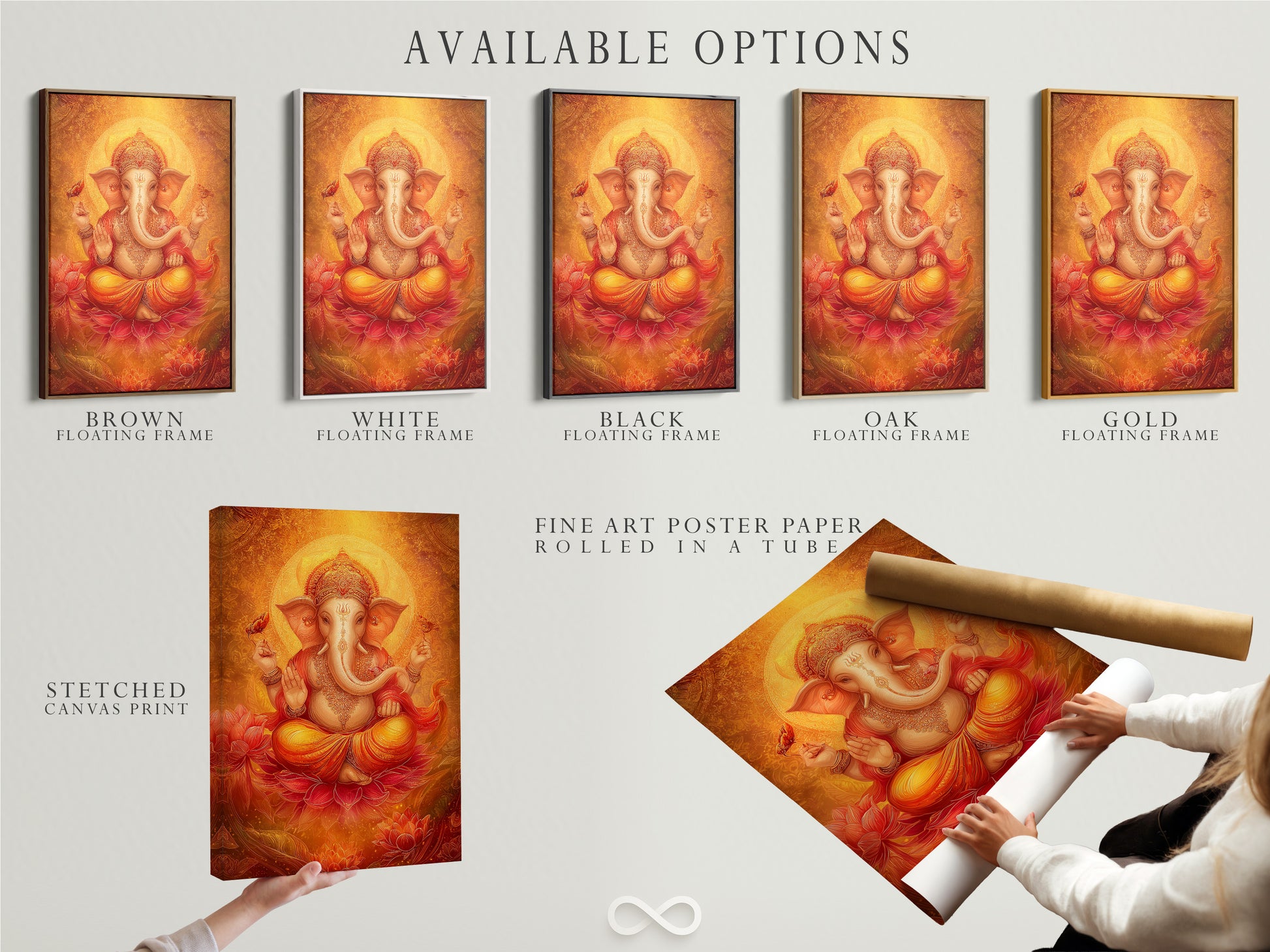 Explore available options for Ganesha artwork. Choose from a stretched canvas print fine art poster paper or a floating frame. This Hindu God wall art in golden orange spiritual tones is perfect for meditation rooms or yoga studios.