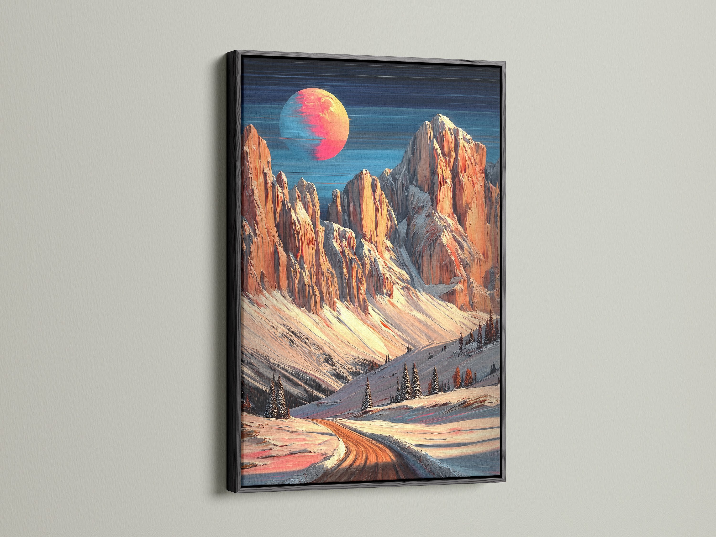 A black frame adds a bold contrast to this mountain moon canvas print. The winter landscape artwork stands out. Peach and teal colors create a modern aesthetic. Ideal for adding sophistication to your living space. Discover the beauty of alpine artwork.
