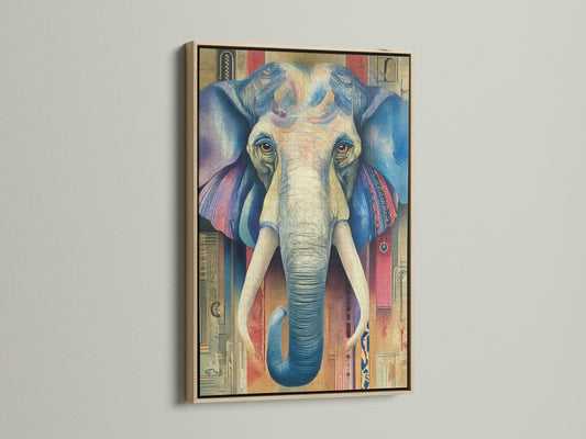 A striking elephant art print is showcased in a light oak frame. The frame enhances its bohemian style. This artwork is perfect for adding a vintage touch to your space. Its vibrant colors and intricate details create a captivating focal point. Ideal for homeowners seeking eclectic wall decor. This animal print is a great addition to any room.