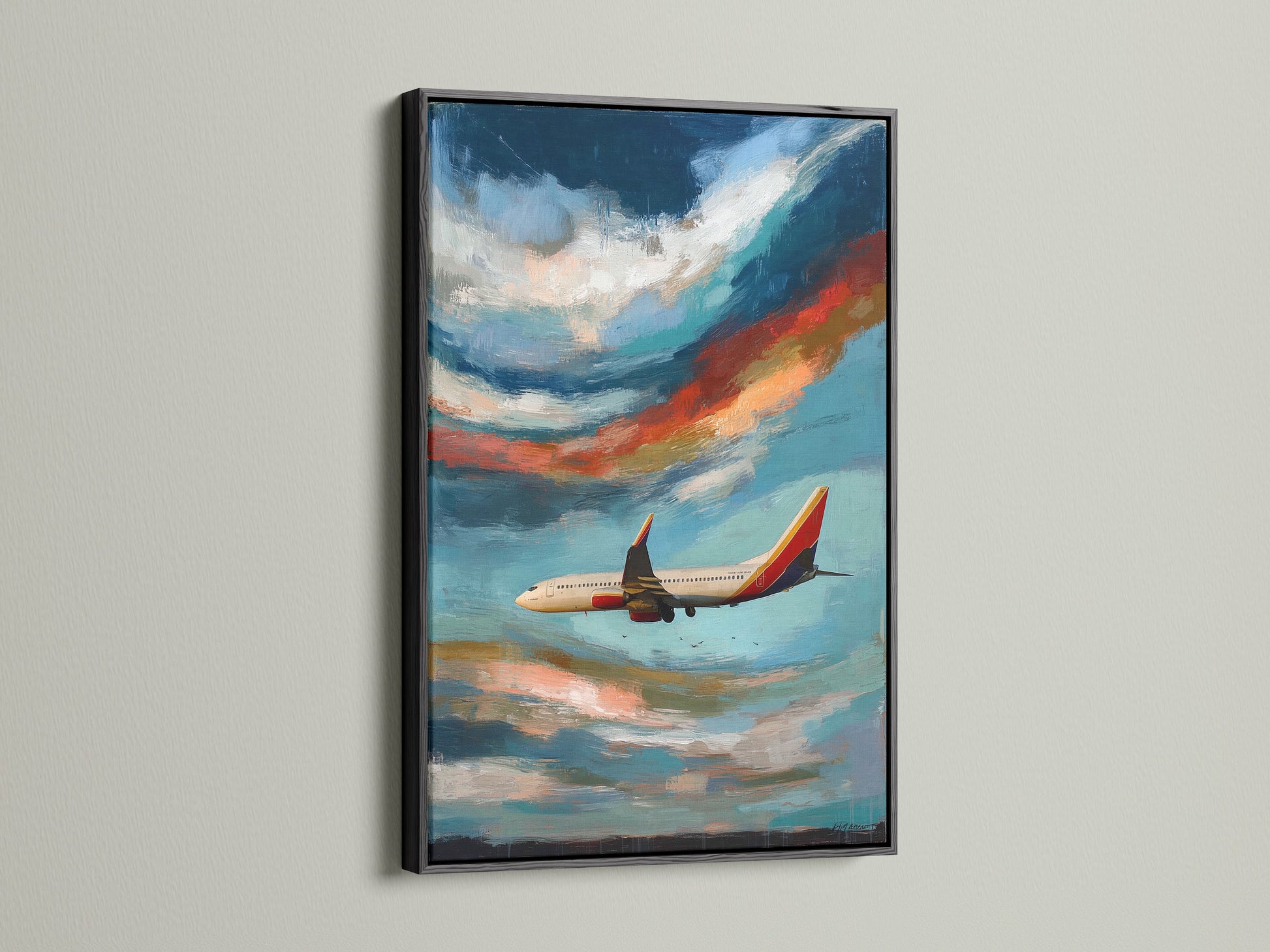 Airplane artwork is framed in black. The aviation print is a stunning sky canvas art piece. It is a modern cloudscape painting perfect for office decor. Makes a thoughtful gift for pilots. The blue and orange hues evoke a sense of flight.