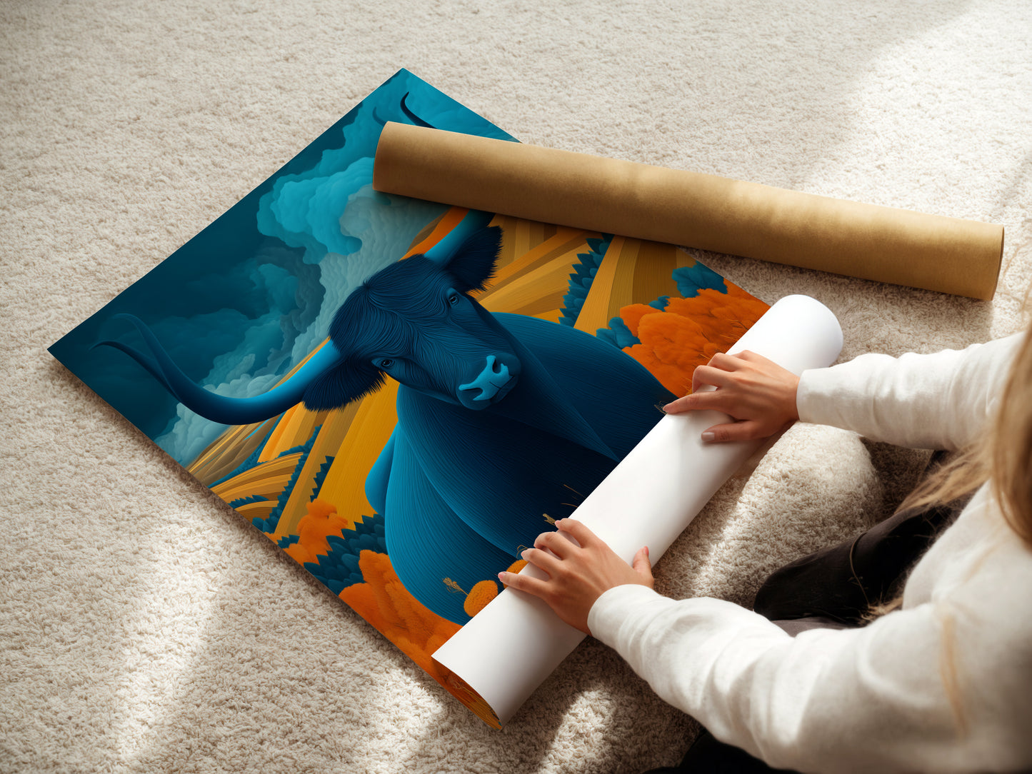 A woman is carefully rolling a fine art poster paper of the Majestic Bull artwork. This highlights the care and quality of the print. Perfect for those who appreciate fine details. The teal and amber colors make it a standout piece.