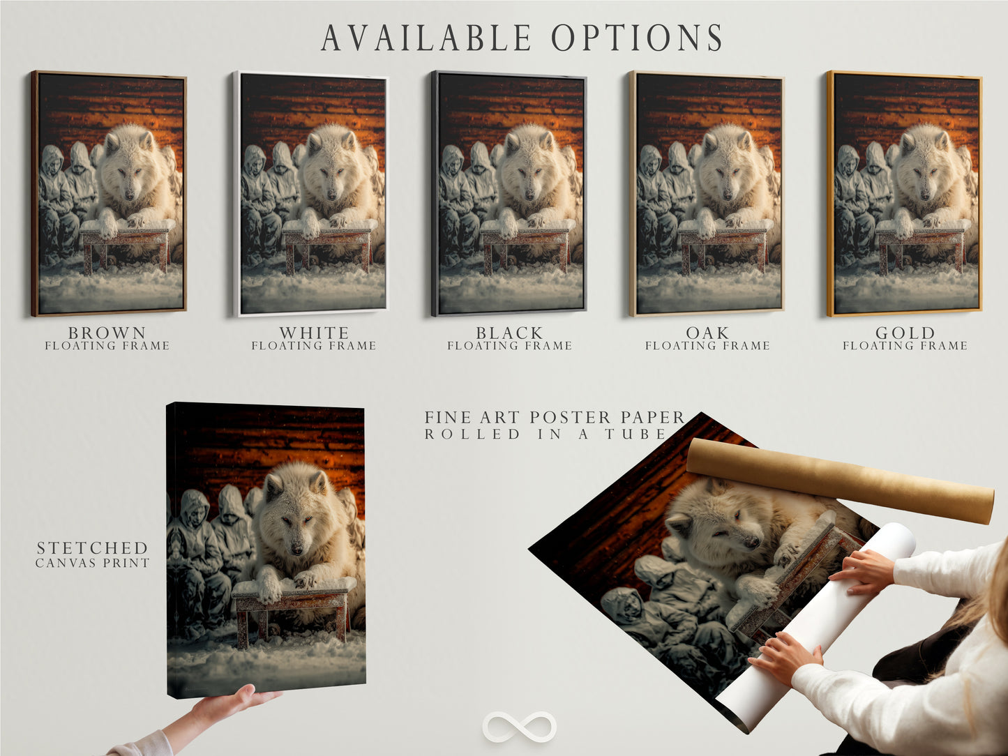 Available options include a stretched canvas print a fine art poster paper and a floating frame. Each option enhances the white wolf artwork in its unique way. Find the perfect style for your home decor needs.