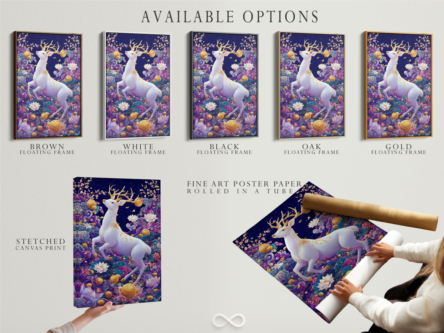 Available options include a stretched canvas print fine art poster paper and floating frame. Customize your white deer mystical forest artwork to match your unique style and decor preferences. Shop now