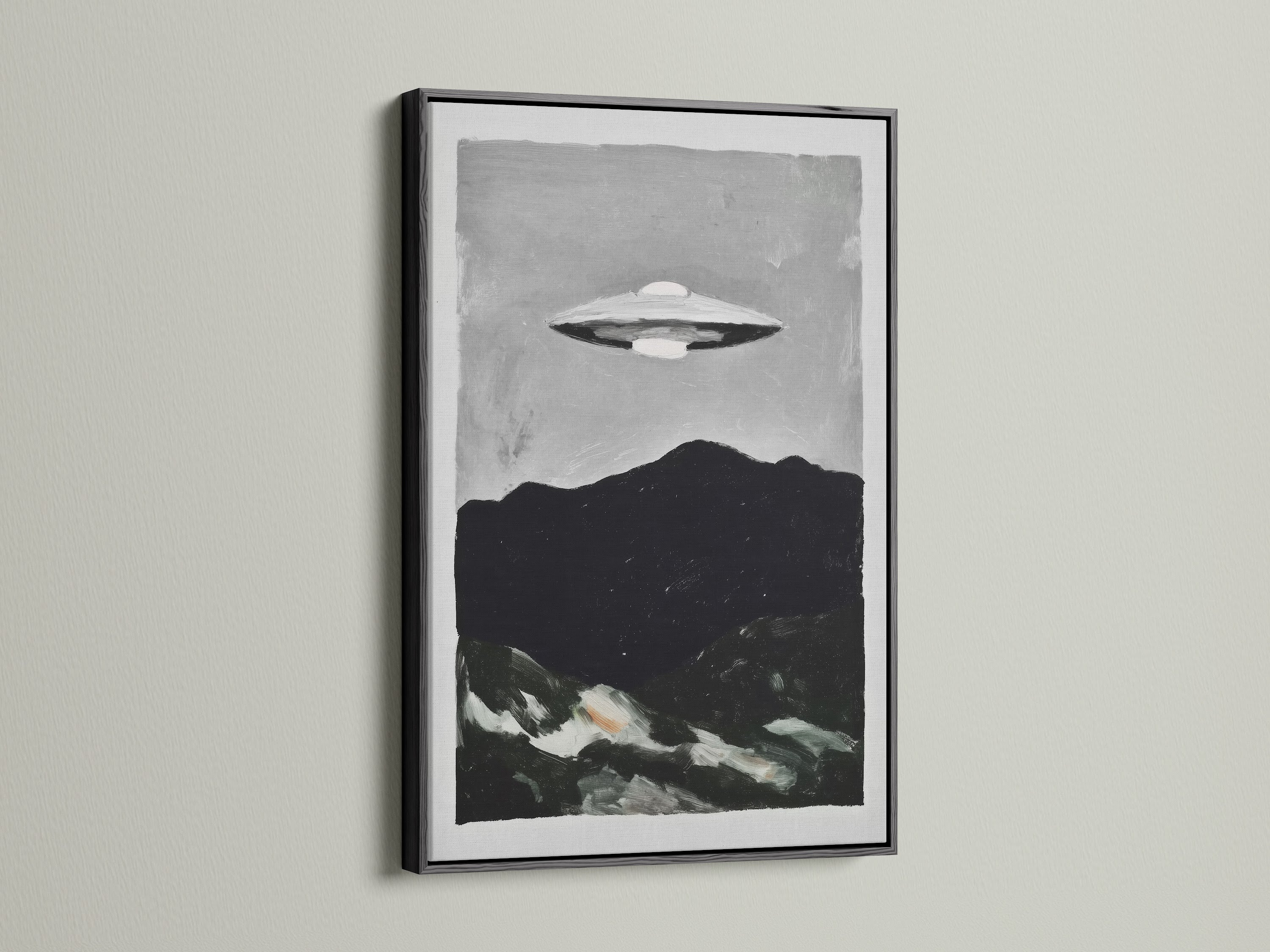 UFO Sci-Fi art print in a black frame. This alien artwork adds a bold statement to any wall. The primary color of this contemporary art is black. It is ideal for homeowners renters and interior designers.