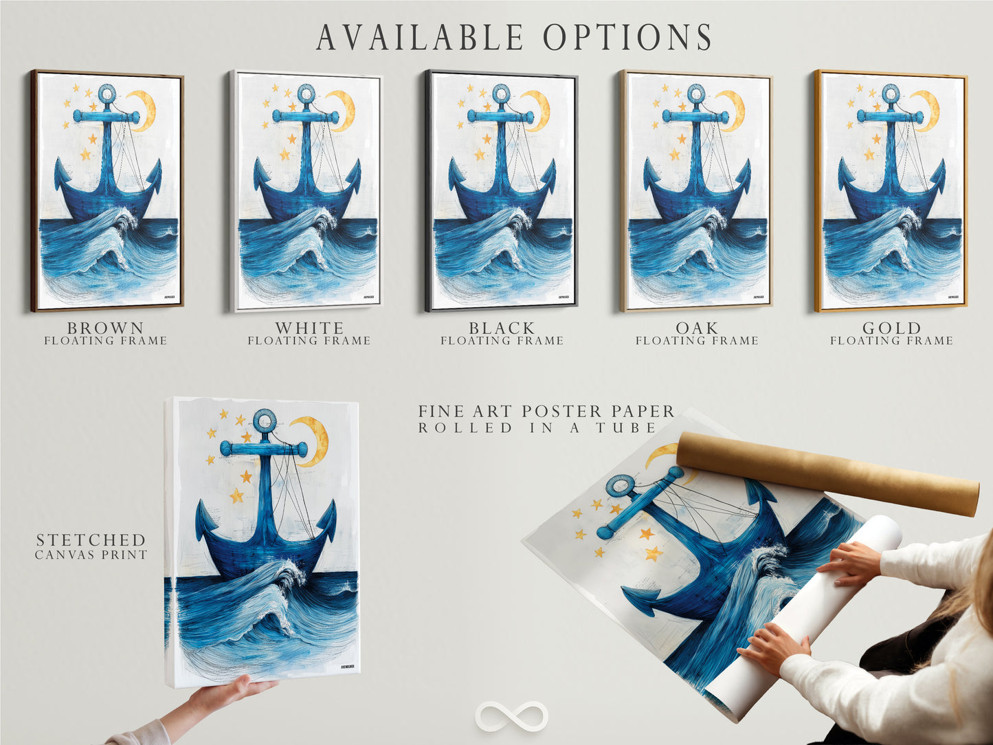 Available options for the Anchor artwork: stretched canvas print fine art poster paper and floating frame. Select your preferred format for this nautical wall art. Customize your blue ocean wave poster to match your style. Perfect for coastal decor and beach house interiors. Explore the possibilities for your seaside artwork