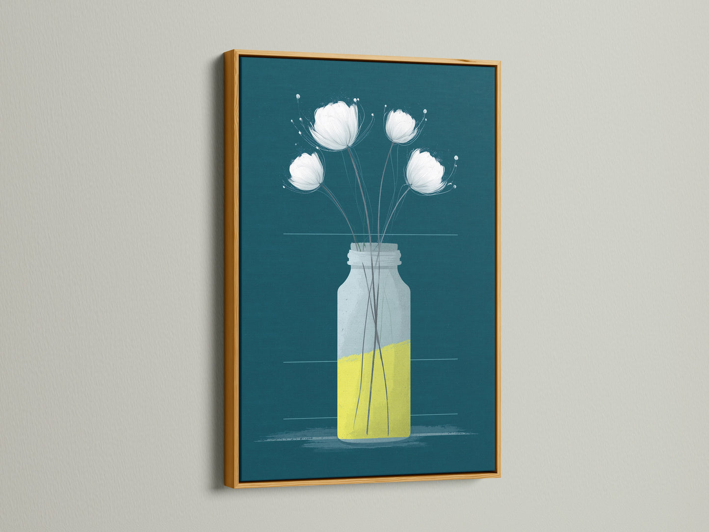 A gold frame highlights a stunning floral canvas art. The teal and yellow colors create a vibrant look. Perfect as flower artwork for any room. This minimalist botanical print enhances your home decor with scandi style.