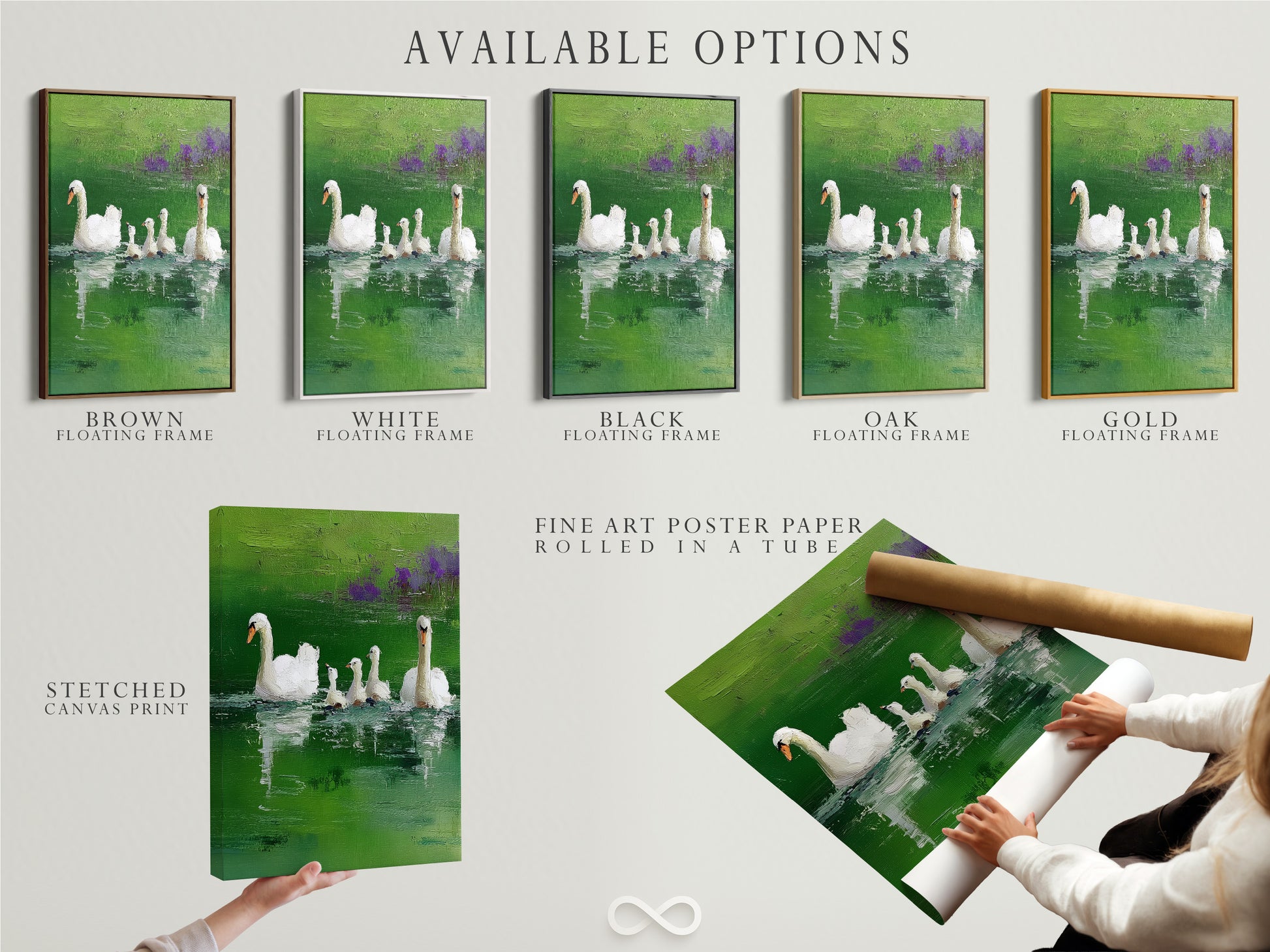 Available options are showcased. They include a stretched canvas print. Also a fine art poster paper is shown. A floating frame is available as well. These options allow for a personalized artwork experience. Find the perfect display for your artwork.