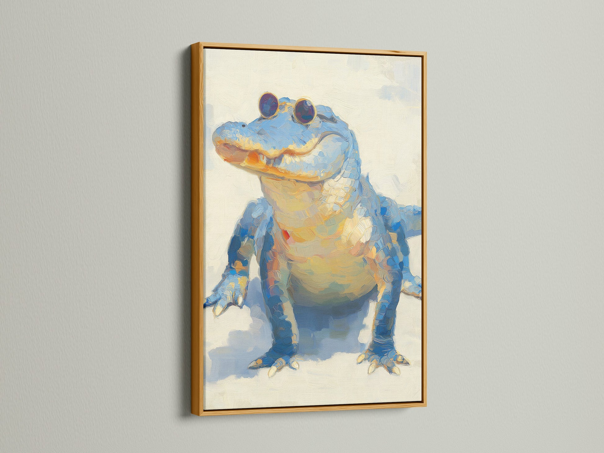 A luxurious gold frame accentuates the alligator art print. The metallic finish adds a touch of glamour and elegance. It makes the artwork truly shine. Explore our gold frames to bring a touch of opulence to your cherished art pieces.