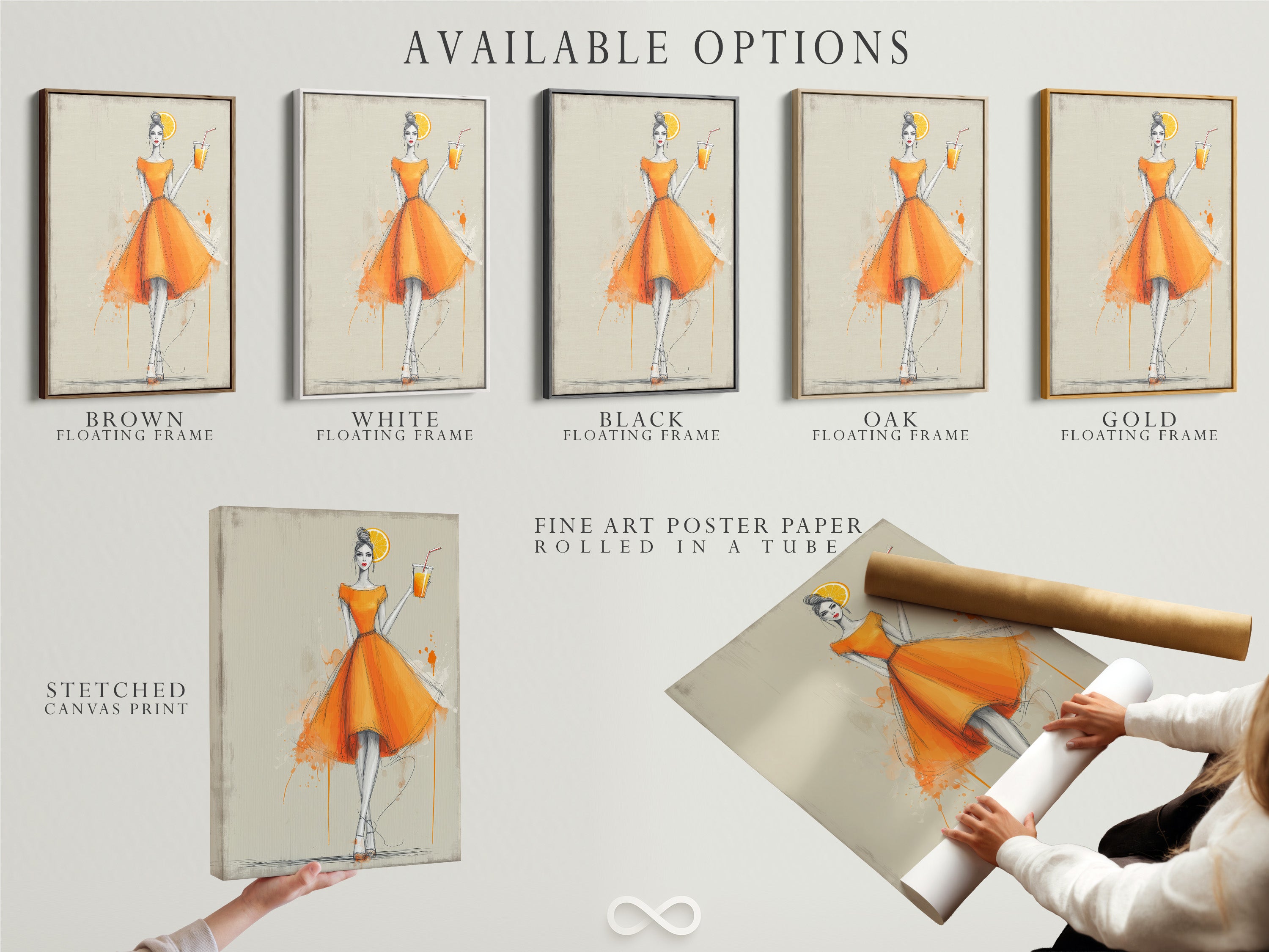 Available options for fashion artwork. Choose from a stretched canvas print. Consider fine art poster paper. Opt for a floating frame to complete your artwork. Find the perfect style for your home.
