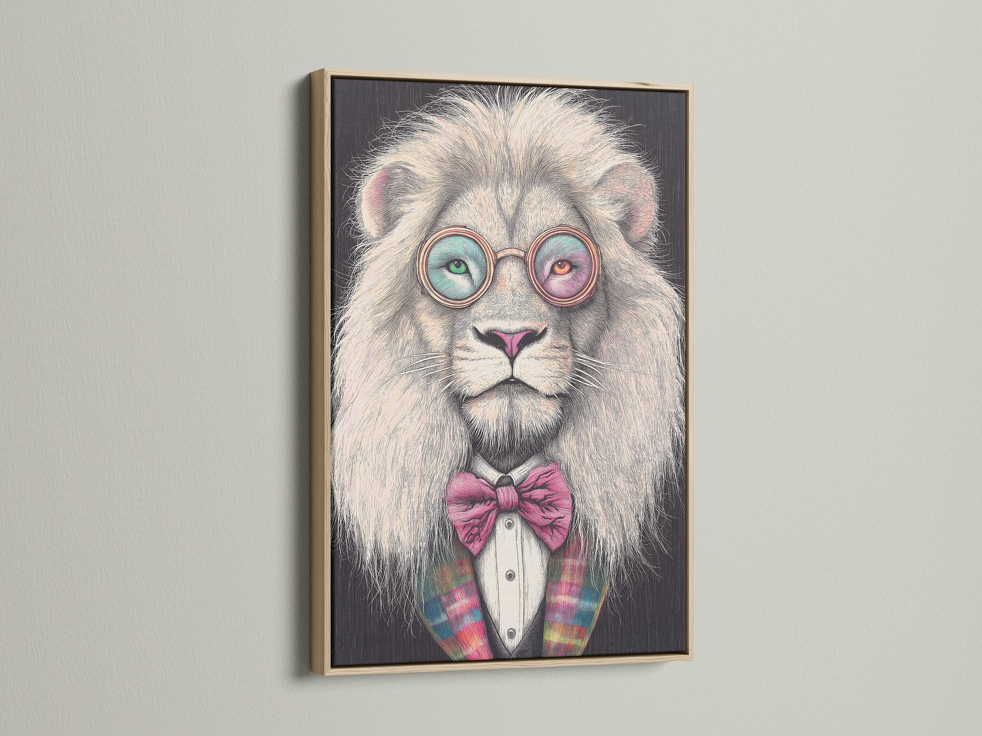A charming lion artwork with glasses and a bow tie. The artwork is presented in an oak frame. It would be great whimsical wall art for your office or study room. Perfect for animal art lovers