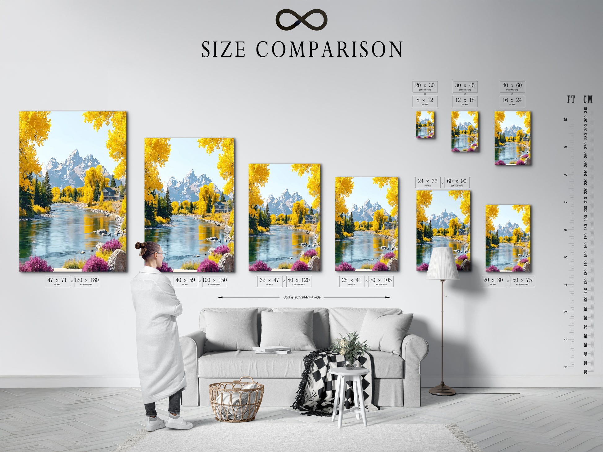 This size comparison chart showcases the mountain river artwork in various dimensions. See how the autumn landscape with yellow trees fits in different interior spaces. This helps you visualize the perfect wall decor for your home.