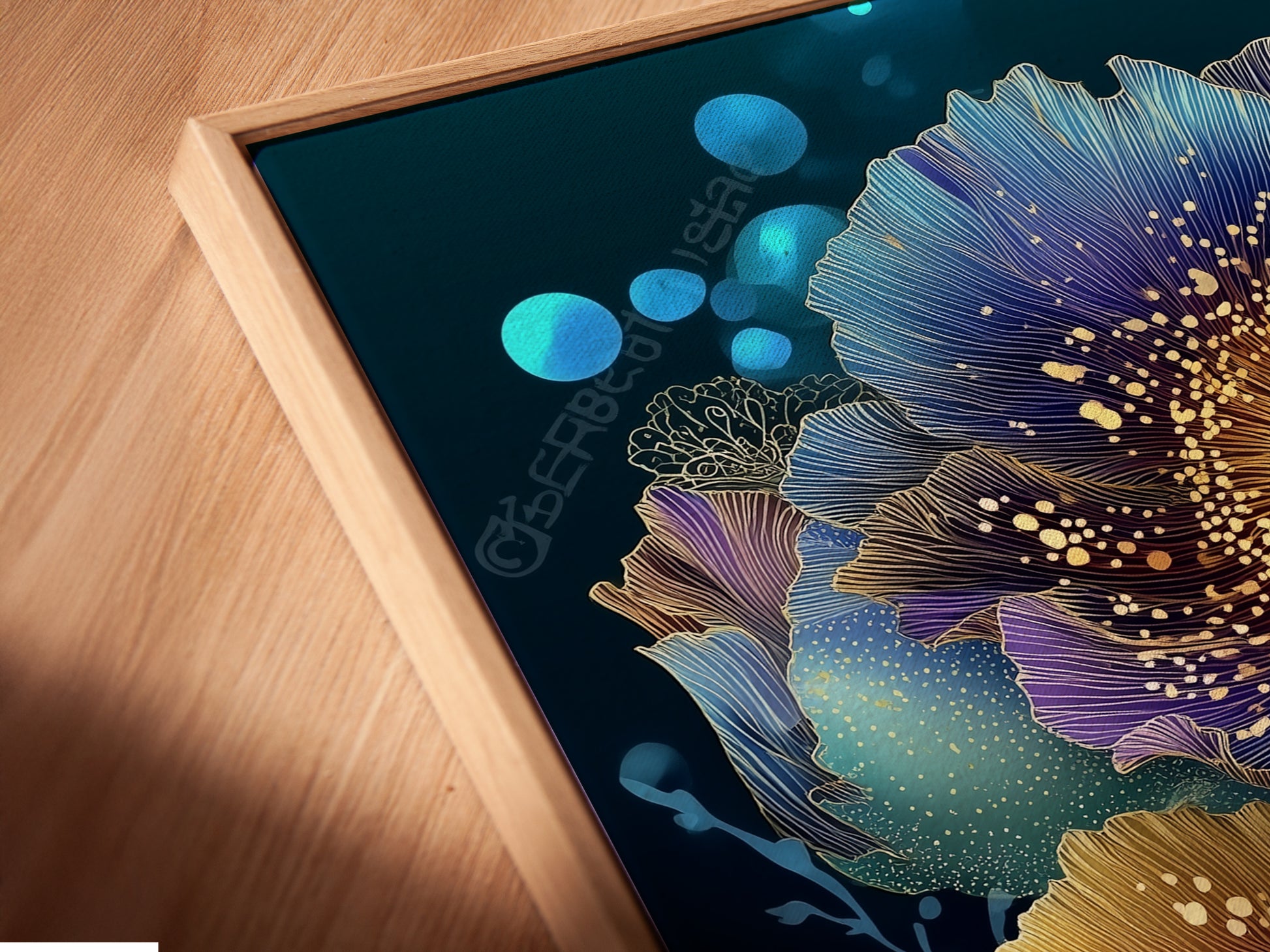 Angled close-up of a floral canvas print in a floating frame. The teal and gold botanical artwork adds a modern touch. This flower artwork is perfect for a bedroom. Shop now and elevate your space!