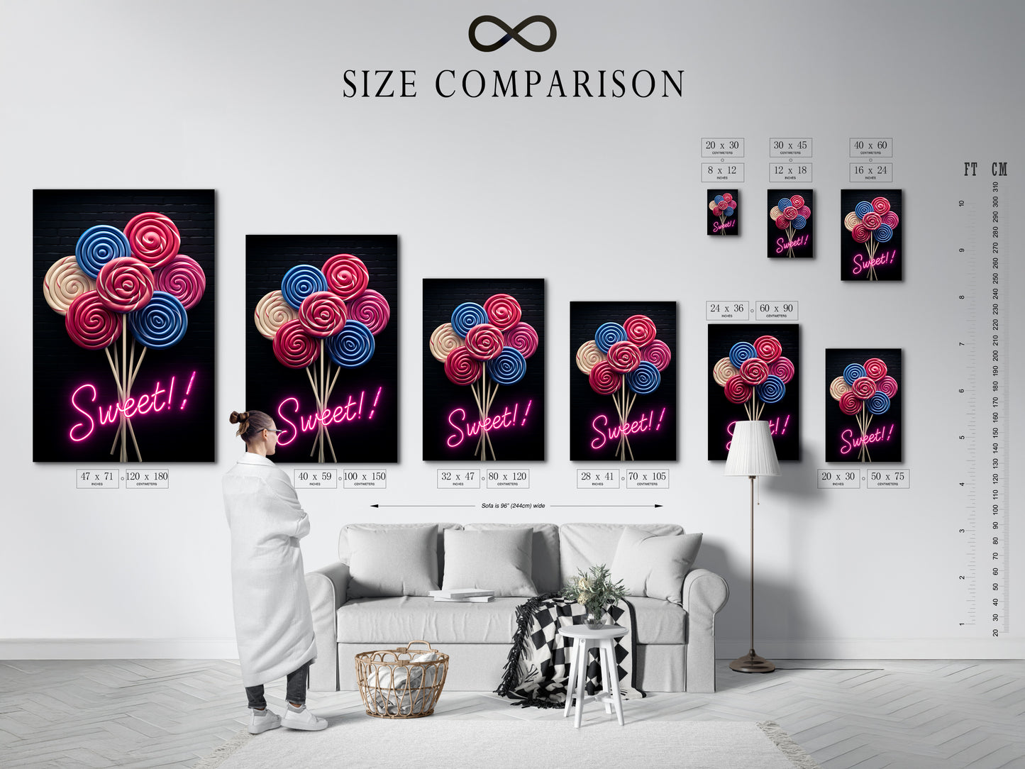 A size comparison chart shows the Lollipop Candy Artwork in various sizes. See how the art fits in different interior spaces. Choose the perfect size for your playroom wall art. Sizes are displayed in an interior setting.