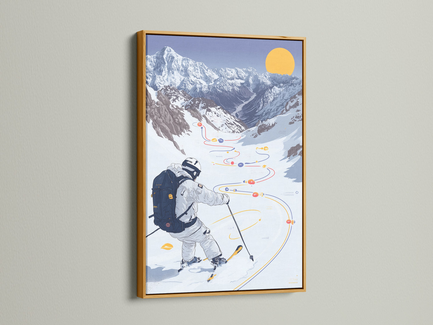 Skiing Mountain canvas print with a gold frame. This winter sport artwork exudes luxury and style. The snowy landscape poster is a glamorous addition to any space. The gold frame enhances the artwork's beauty. Perfect for living rooms bedrooms and offices. Elevate your decor with this stunning piece.