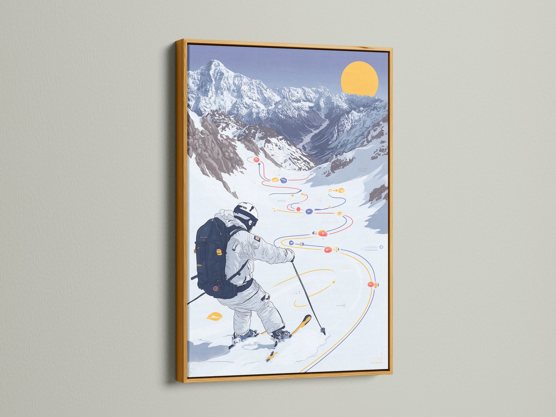 Skiing Mountain canvas print with a gold frame. This winter sport artwork exudes luxury and style. The snowy landscape poster is a glamorous addition to any space. The gold frame enhances the artwork's beauty. Perfect for living rooms bedrooms and offices. Elevate your decor with this stunning piece.