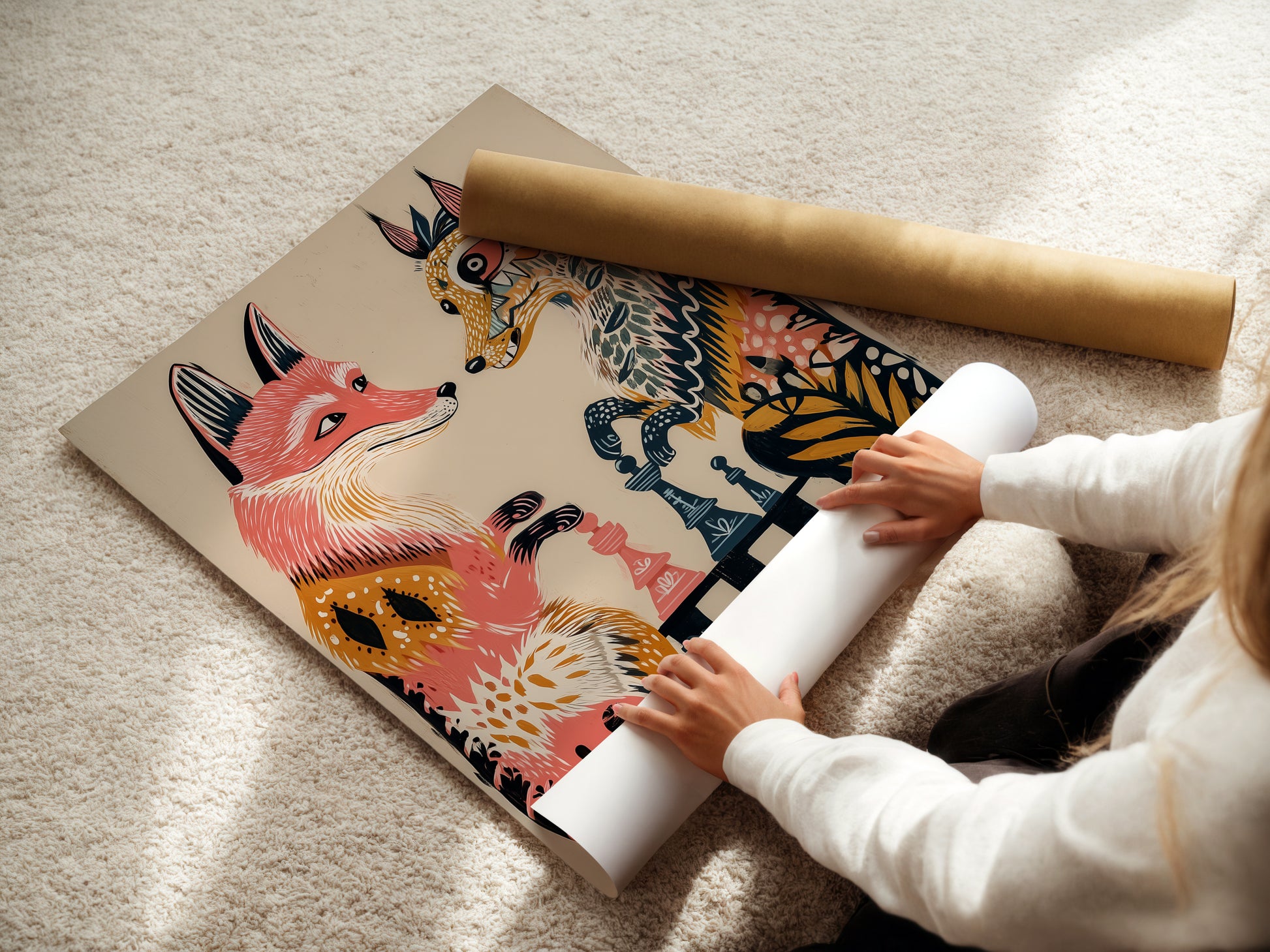 A woman is carefully rolling a fine art poster paper. This shows the delicate handling of the fox chess game artwork. This ensures it arrives in pristine condition. Ready to be framed and enjoyed in your home.