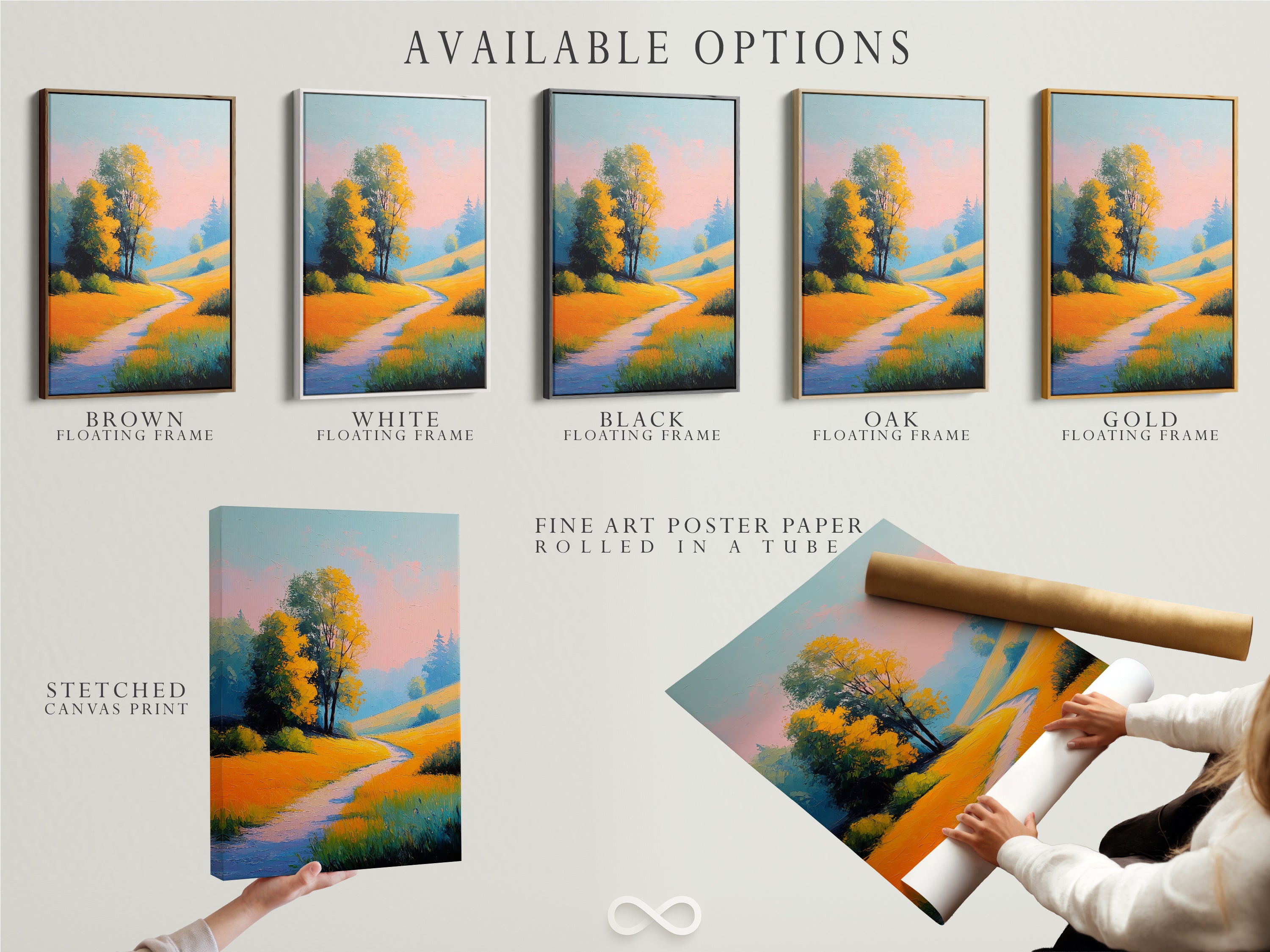 Explore the available options for the golden meadow path artwork. Choose between a stretched canvas print fine art poster paper or a floating frame. Each option offers a unique way to display this peaceful nature painting. Customize your wall art to match your personal style.