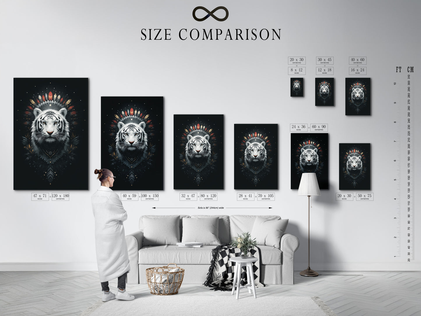 A size comparison chart is displayed in an interior setting. Helping you visualize the perfect dimensions for your space. Featuring the mystical white tiger artwork. Choose the ideal size to complement your bohemian or eclectic decor.