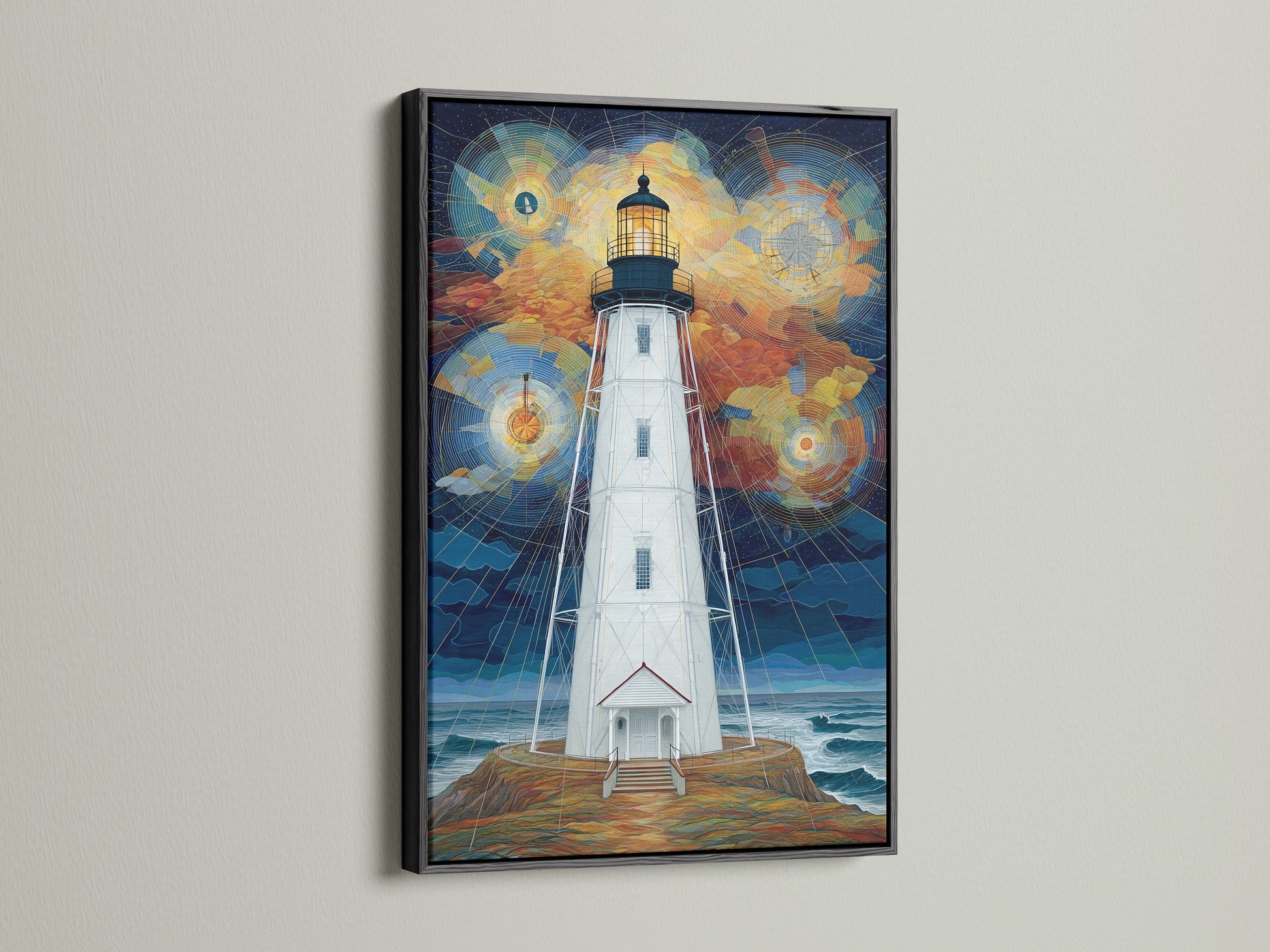 Lighthouse geometric sky artwork in a black frame. The artwork showcases a tall lighthouse under a geometric sky. The black frame adds a modern touch to this coastal art. Ideal for nautical home decor. This print is a great addition to studios lobbies and boardrooms