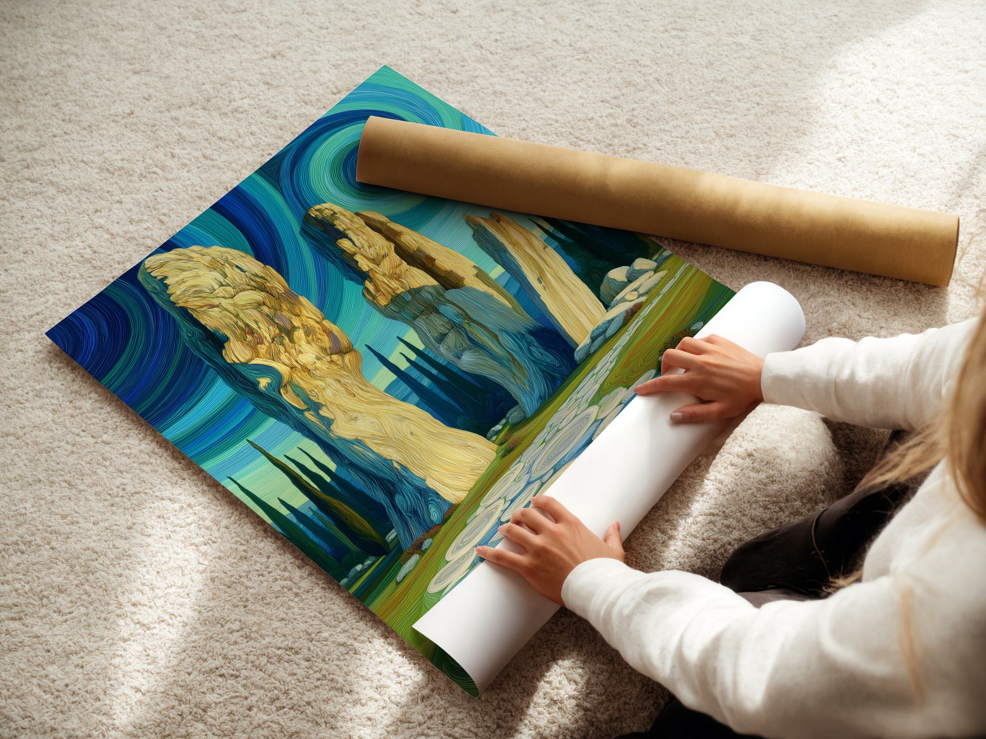 A woman is carefully rolling a fine art poster paper. The paper features a Celtic mystical landscape artwork. The artwork shows an ancient stone circle beneath a swirling sky. This poster is ideal for those who appreciate spiritual artwork.