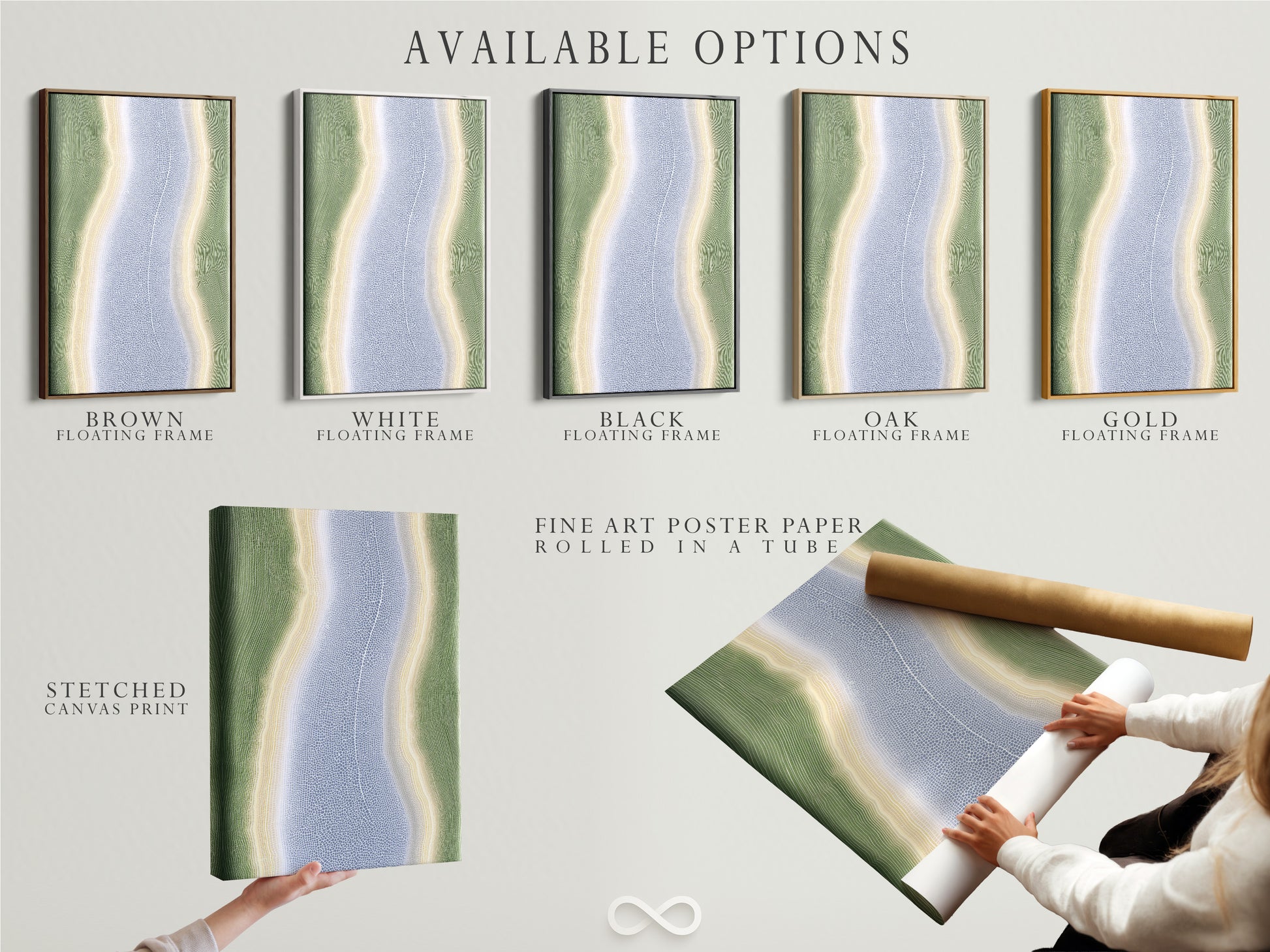 Available options for the abstract river artwork. Choose from a stretched canvas print fine art poster paper or floating frame. Each option enhances the modern organic flow print. Elevate your space with our versatile artwork.
