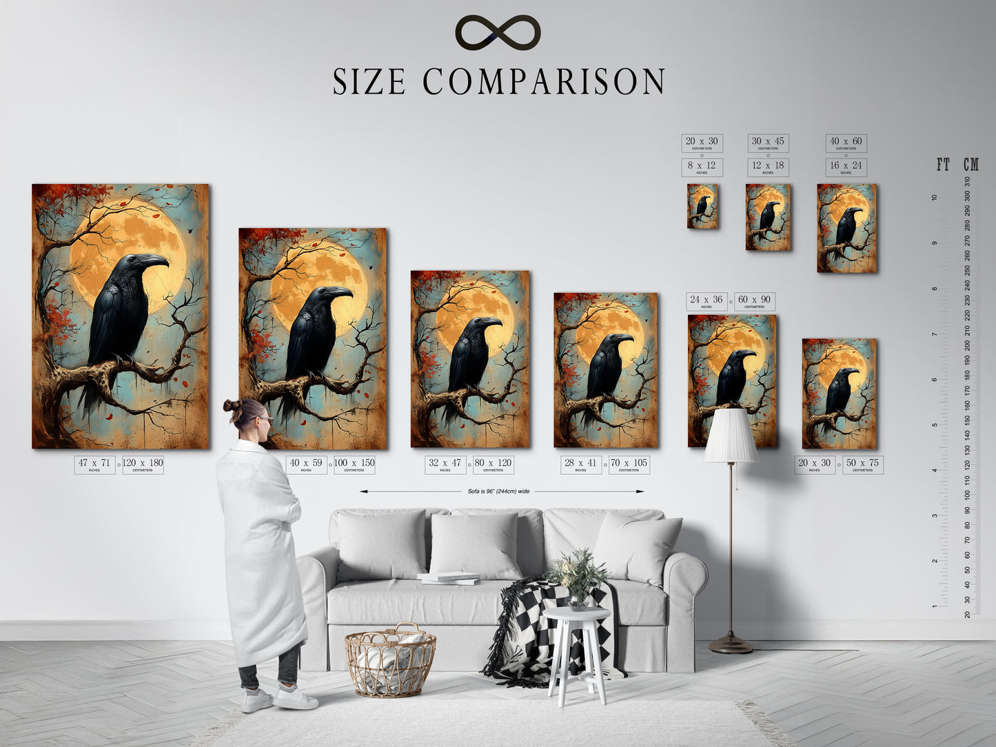 Size comparison chart in an interior setting. See how the raven artwork fits in different spaces. Visualize the impact of this gothic bird canvas. Choose the perfect size for your study room art or living room wall art. Enhance your dark academia decor.