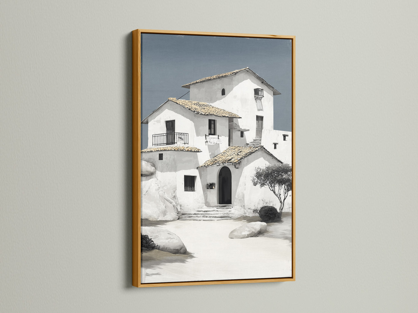 Mediterranean house canvas print with a gold frame. This coastal architecture wall art adds a touch of elegance to any space. The minimalist white building art is perfect for office wall decor. Explore our range of European art prints today. Shop now.