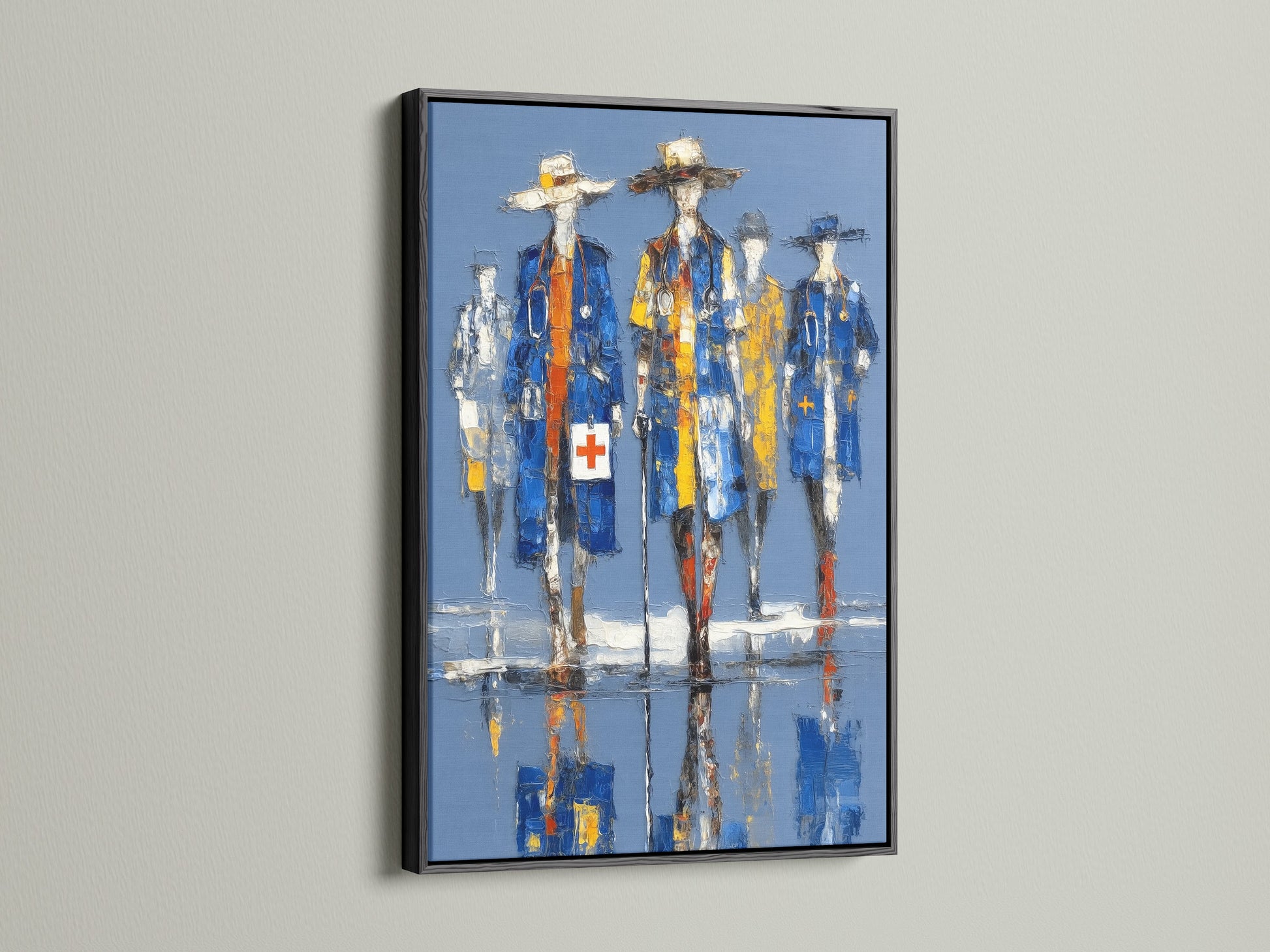 Black frame presents medical heroes artwork. This abstract doctor painting is striking. It enhances medical office decor. The healthcare heroes art is ideal for hospital wall art.