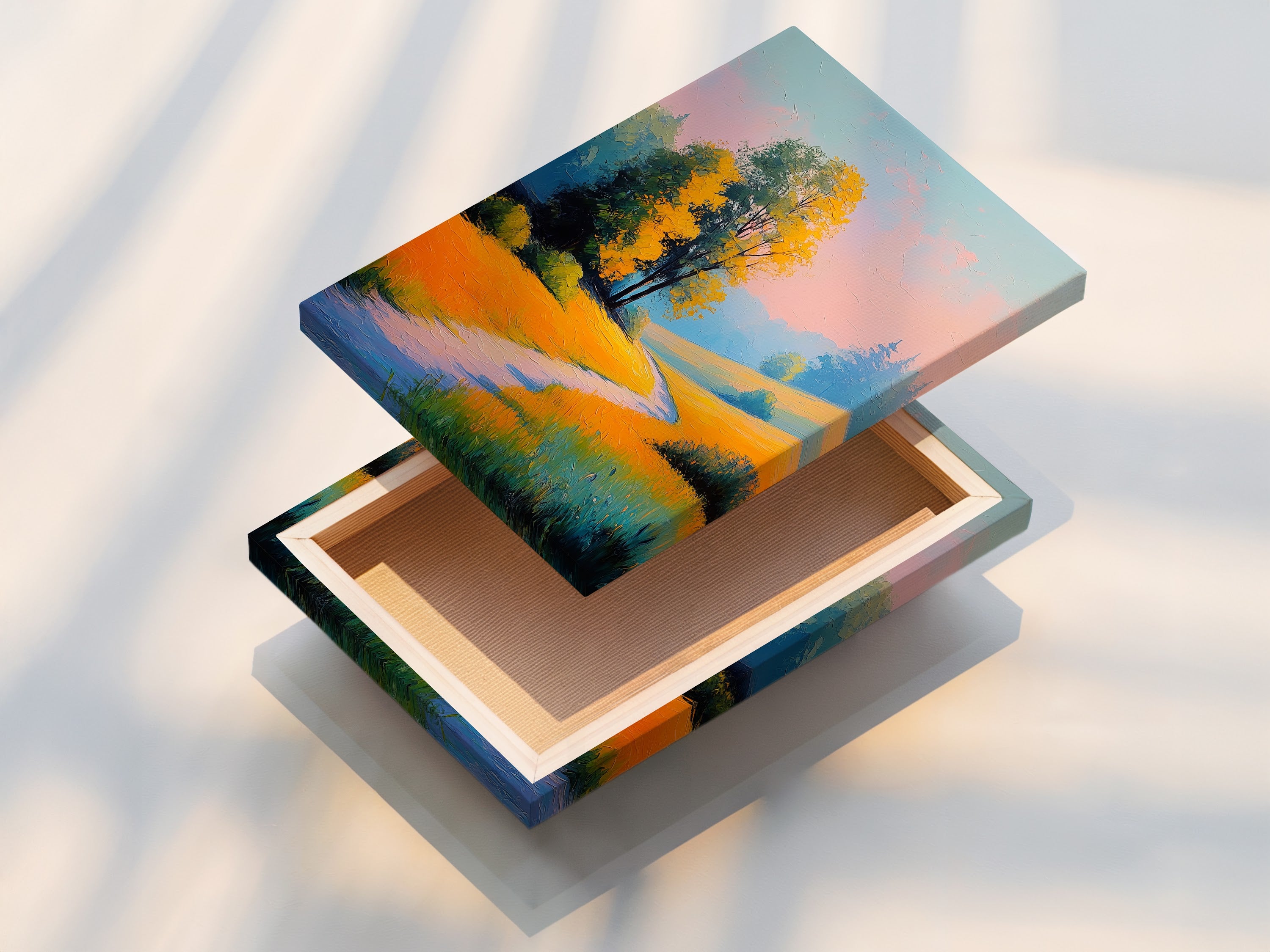 This is a stretched canvas print featuring the golden meadow path artwork. The canvas texture enhances the autumn landscape art. It gives it a gallery-worthy appearance. Ready to hang this stretched canvas print transforms any room. It adds a touch of nature's beauty to your space.