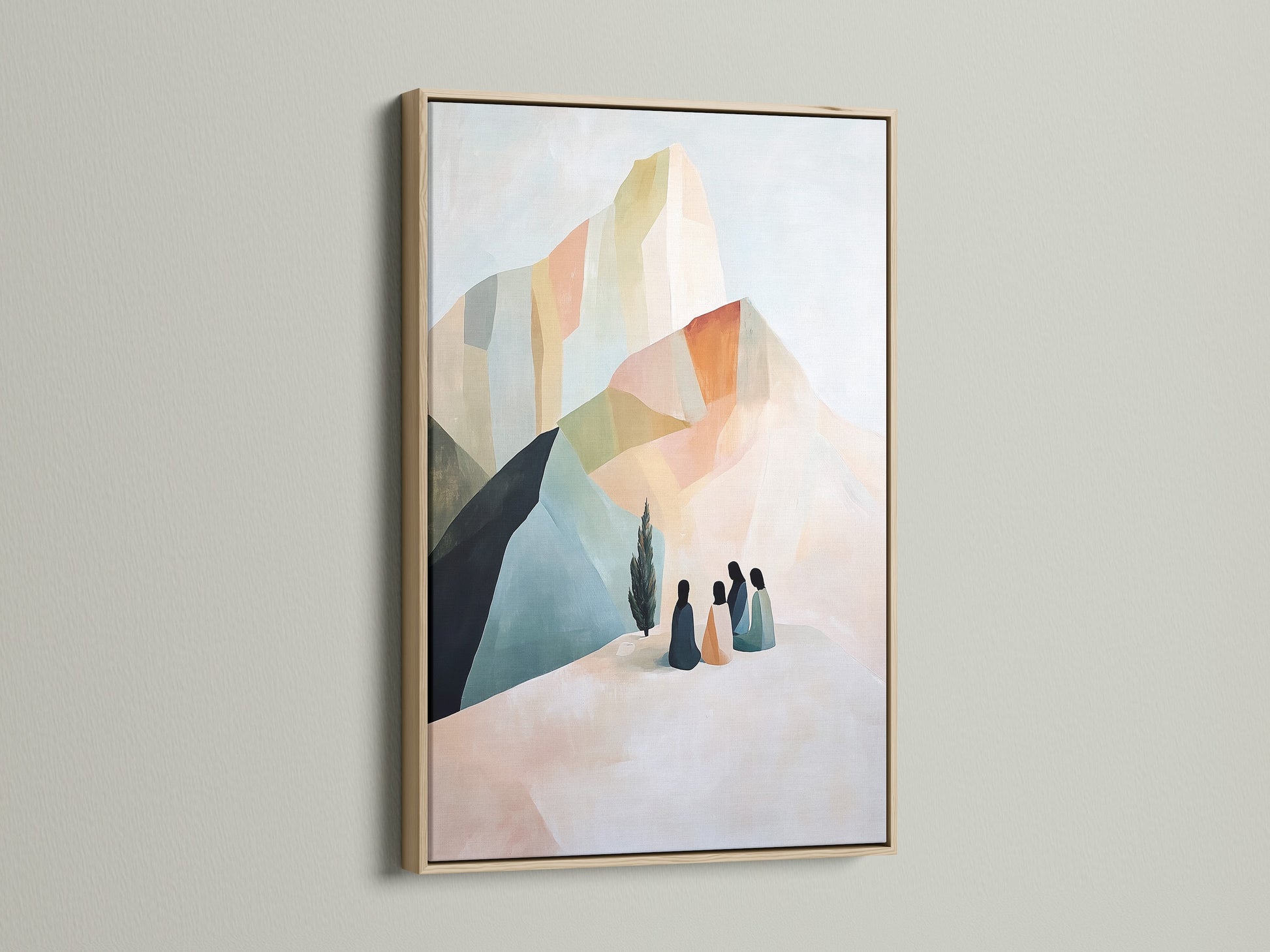 Beige and blue abstract mountain artwork in an oak frame. Contemporary wall decor for minimalist and modern aesthetics. Perfect as living room or bedroom art. It enhances any room.