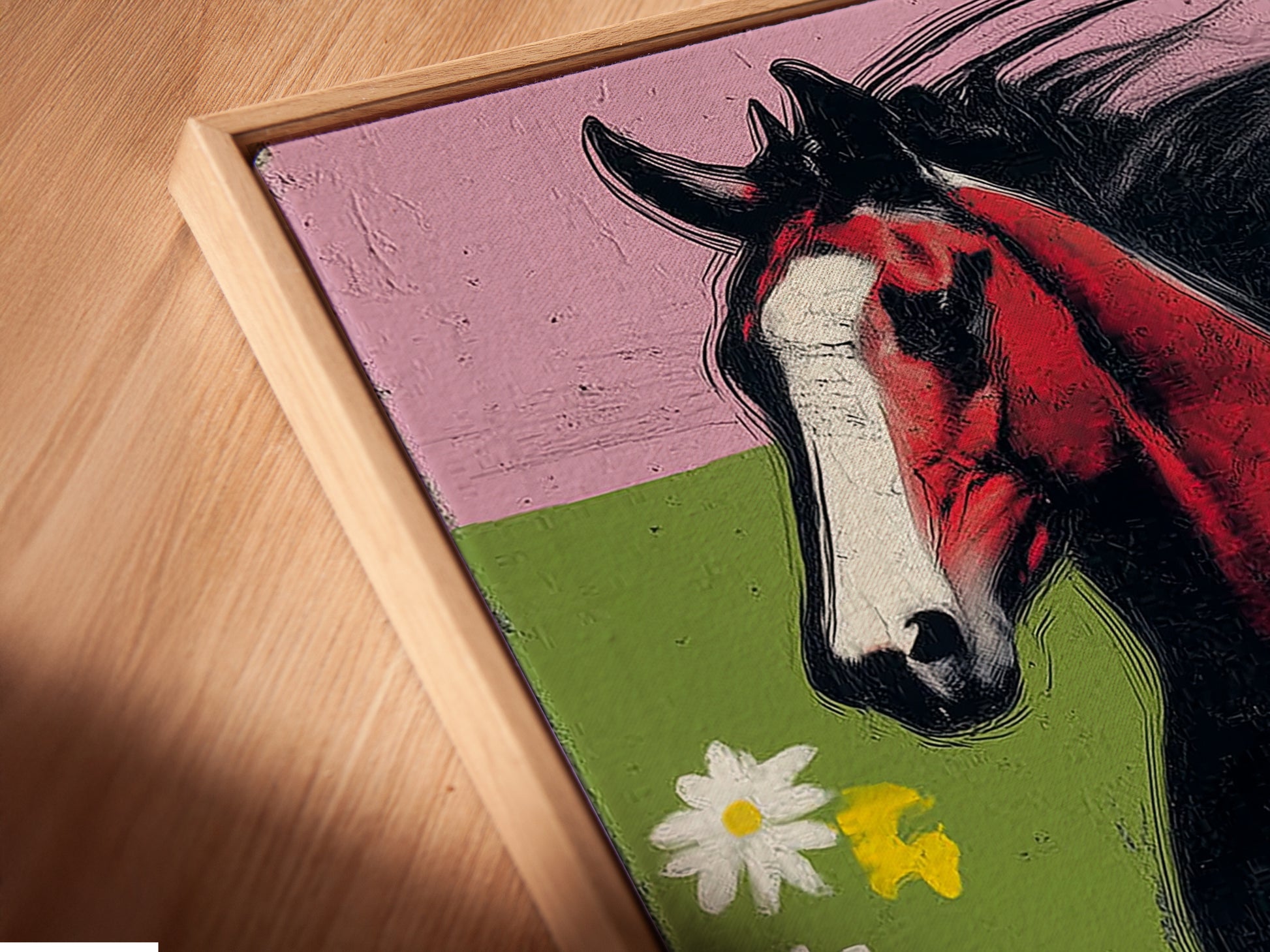 A close-up angled view reveals a canvas print in a floating frame. The artwork features a captivating red bay horse. The horse is running through a colorful floral meadow. The floating frame adds a modern touch to the rustic art. Perfect for a unique wall decor statement.