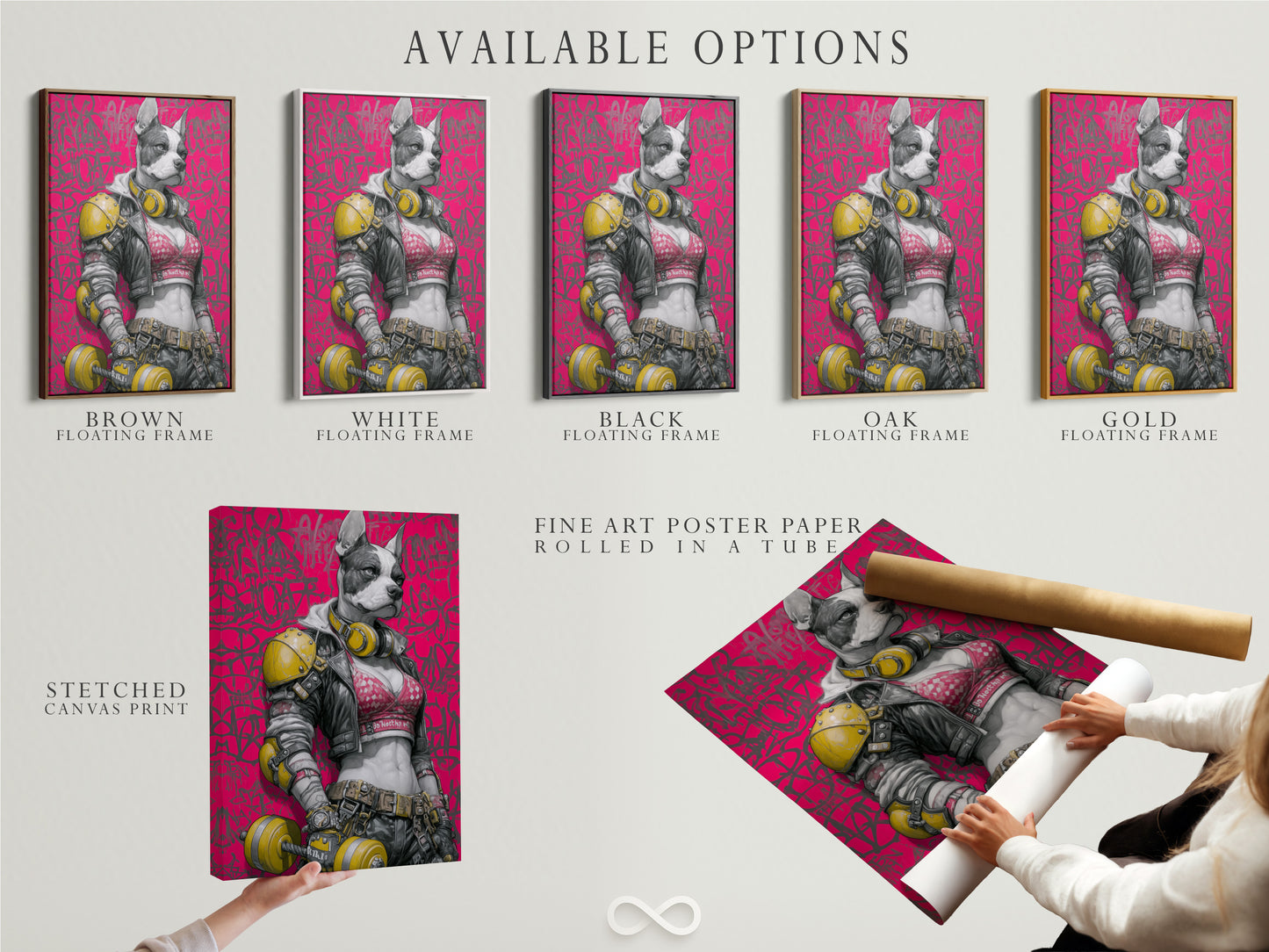 Available options for the Cyberpunk Dog artwork. Choose from a stretched canvas print. Fine art poster paper or a floating frame. This futuristic French Bulldog art is customizable. Select the perfect style for your modern wall decor. A great gift option.