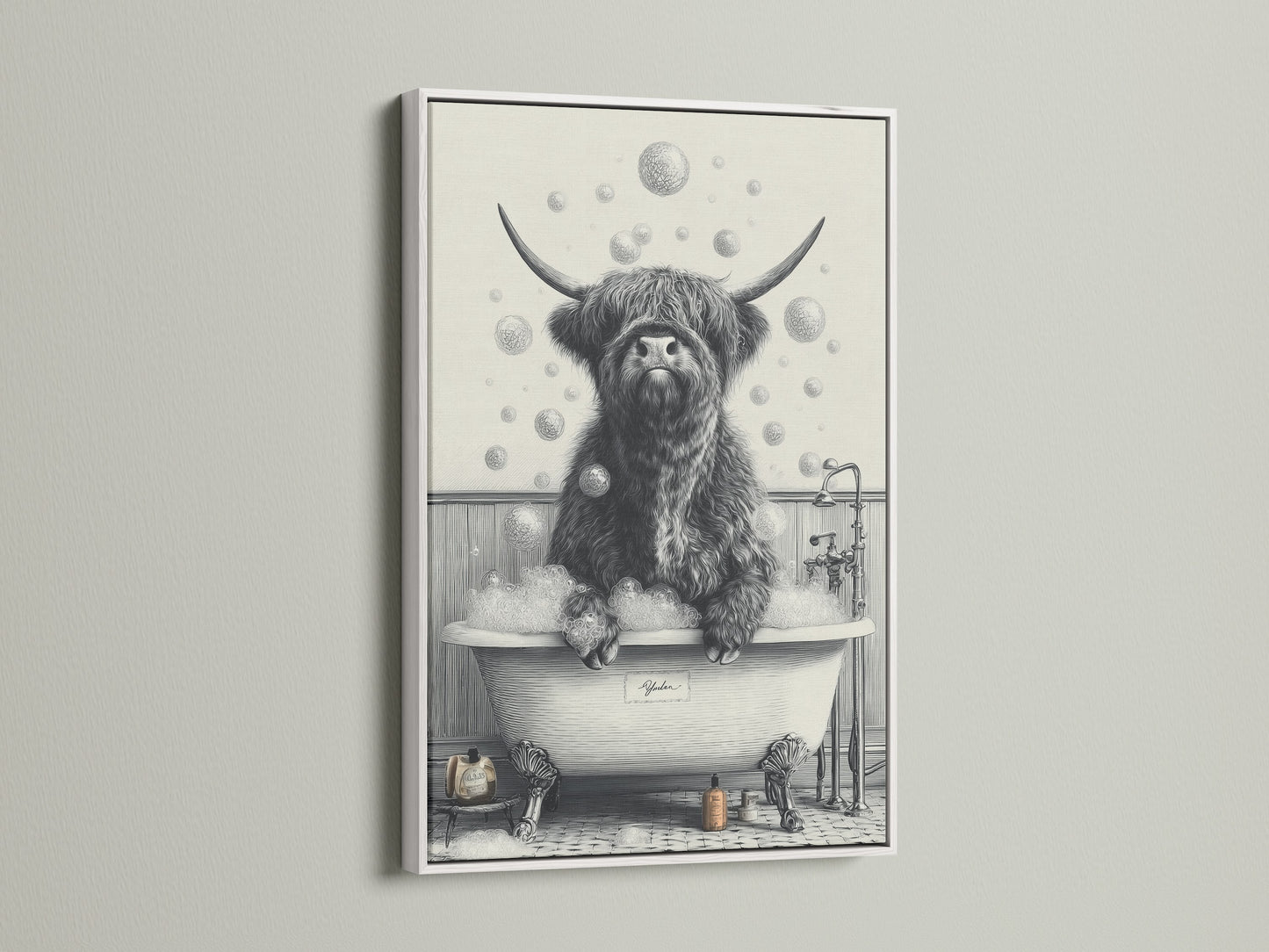 The Highland Cow in Tub artwork is presented in a white frame. The black and white animal canvas art is a funny bathroom art piece. It is a great gift for cow lovers. The artwork adds a vintage style to your bathroom decor.