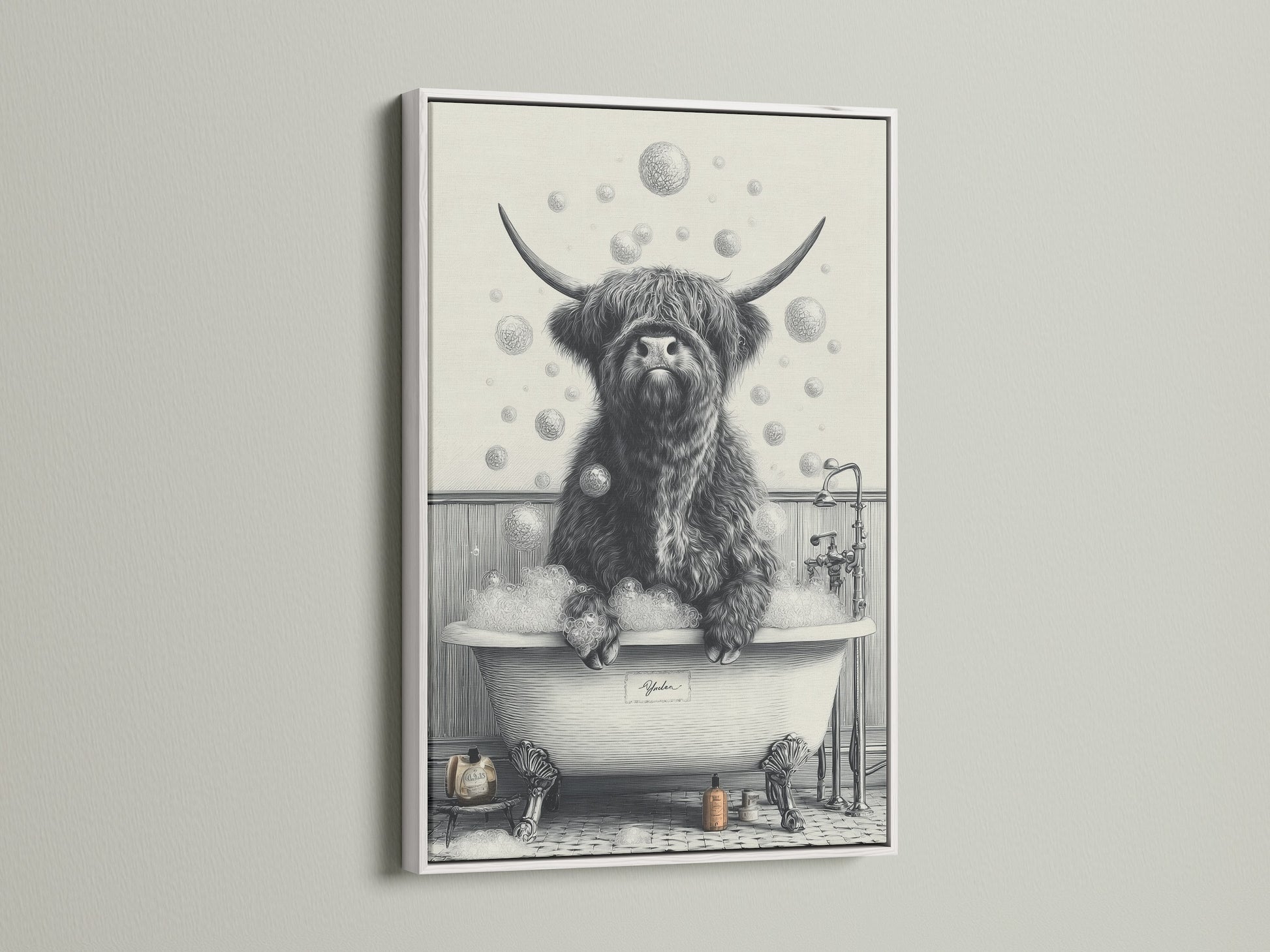 The Highland Cow in Tub artwork is presented in a white frame. The black and white animal canvas art is a funny bathroom art piece. It is a great gift for cow lovers. The artwork adds a vintage style to your bathroom decor.