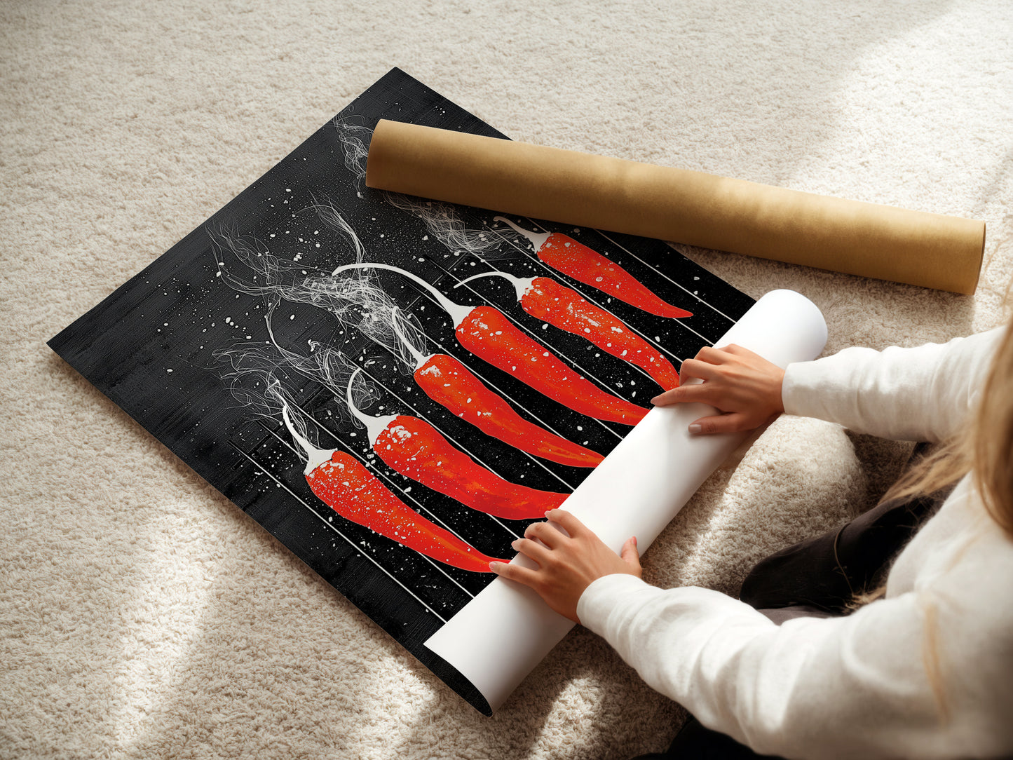 A woman is carefully rolling a fine art poster paper. The artwork is a red hot chili pepper print. This allows for safe transit. It also ensures the artwork arrives in pristine condition. It is perfect for modern bistro wall art.