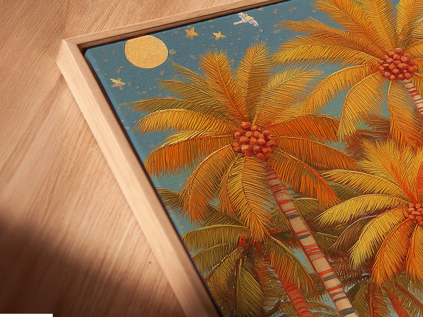 A close-up angled view of a canvas print in a floating frame. The Palm Trees artwork adds a tropical touch. This coastal decor enhances any living space with a boho vibe.