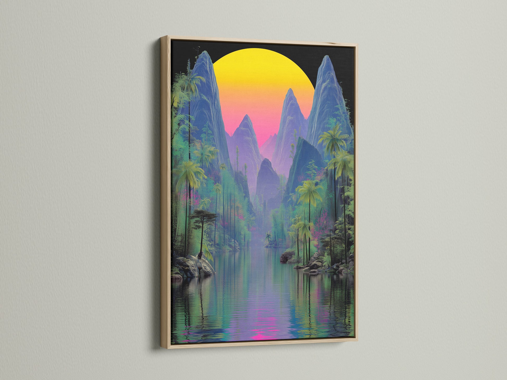 This modern mountain artwork with tropical flair is framed in oak. The vaporwave sunset and cyberpunk nature elements create a unique aesthetic. This artwork is perfect for adding a pop of color to your home or office. A great way to showcase summer wall art.