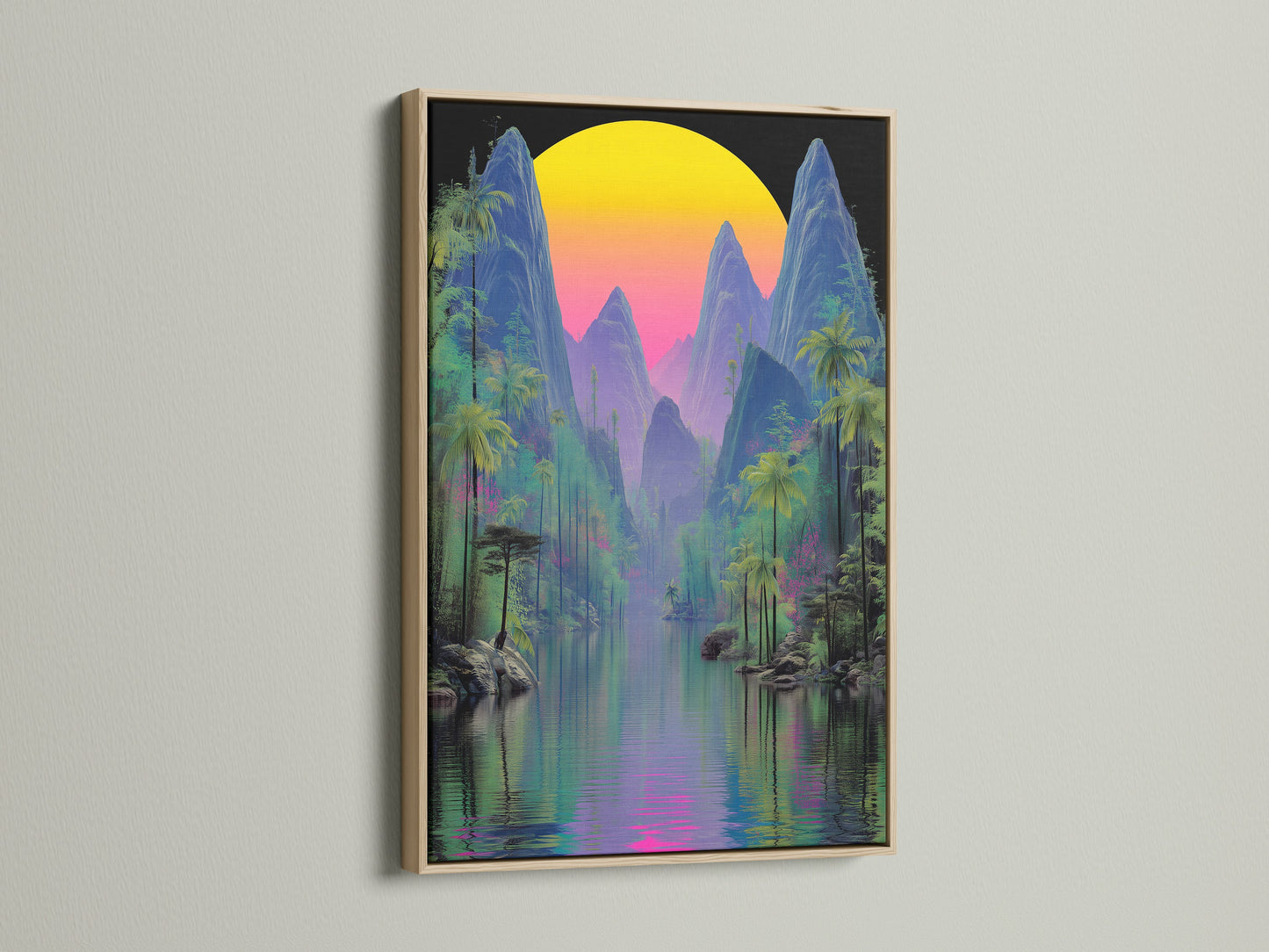 This modern mountain artwork with tropical flair is framed in oak. The vaporwave sunset and cyberpunk nature elements create a unique aesthetic. This artwork is perfect for adding a pop of color to your home or office. A great way to showcase summer wall art.