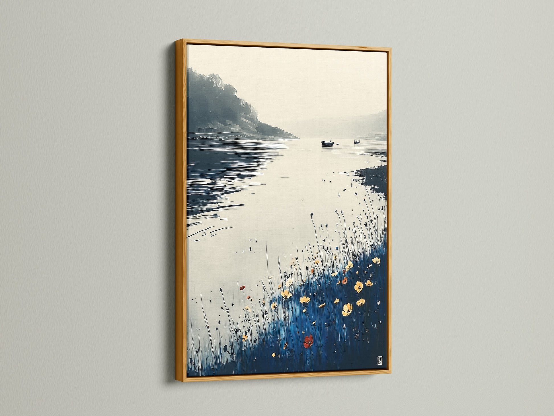 Modern coastal artwork in a gold frame. The serene lake art showcases a peaceful landscape with blue and beige colors. This nature print elevates minimalist coastal and farmhouse decor. A sophisticated choice for enhancing your living space with modern artwork. Discover the elegance of lake decor and nature photography.