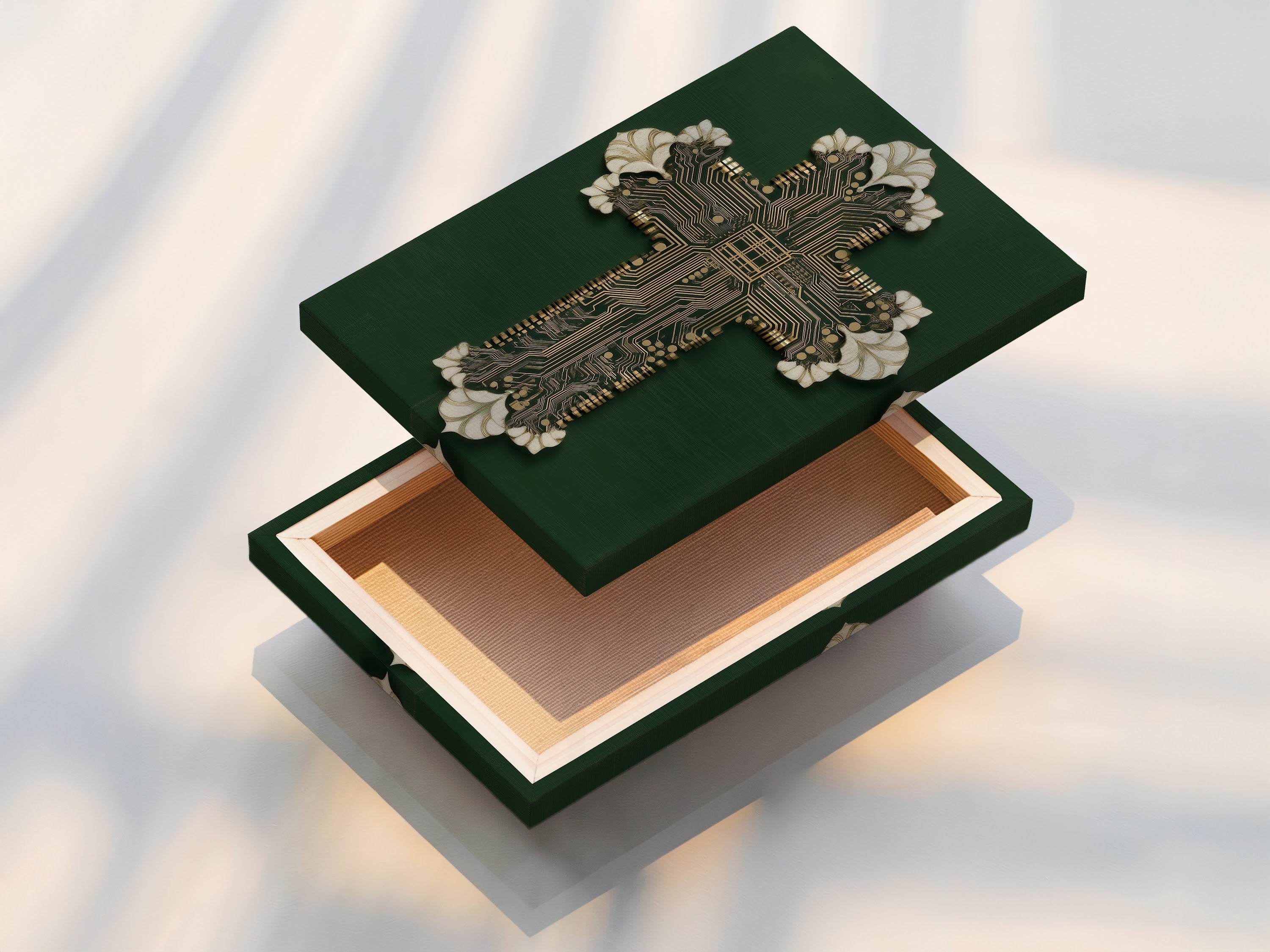 Experience the Circuit Board Cross Art as a stretched canvas print. Ready to hang and admire in your space. This tech religious art is a modern statement piece. Enhance your christian wall art collection today.