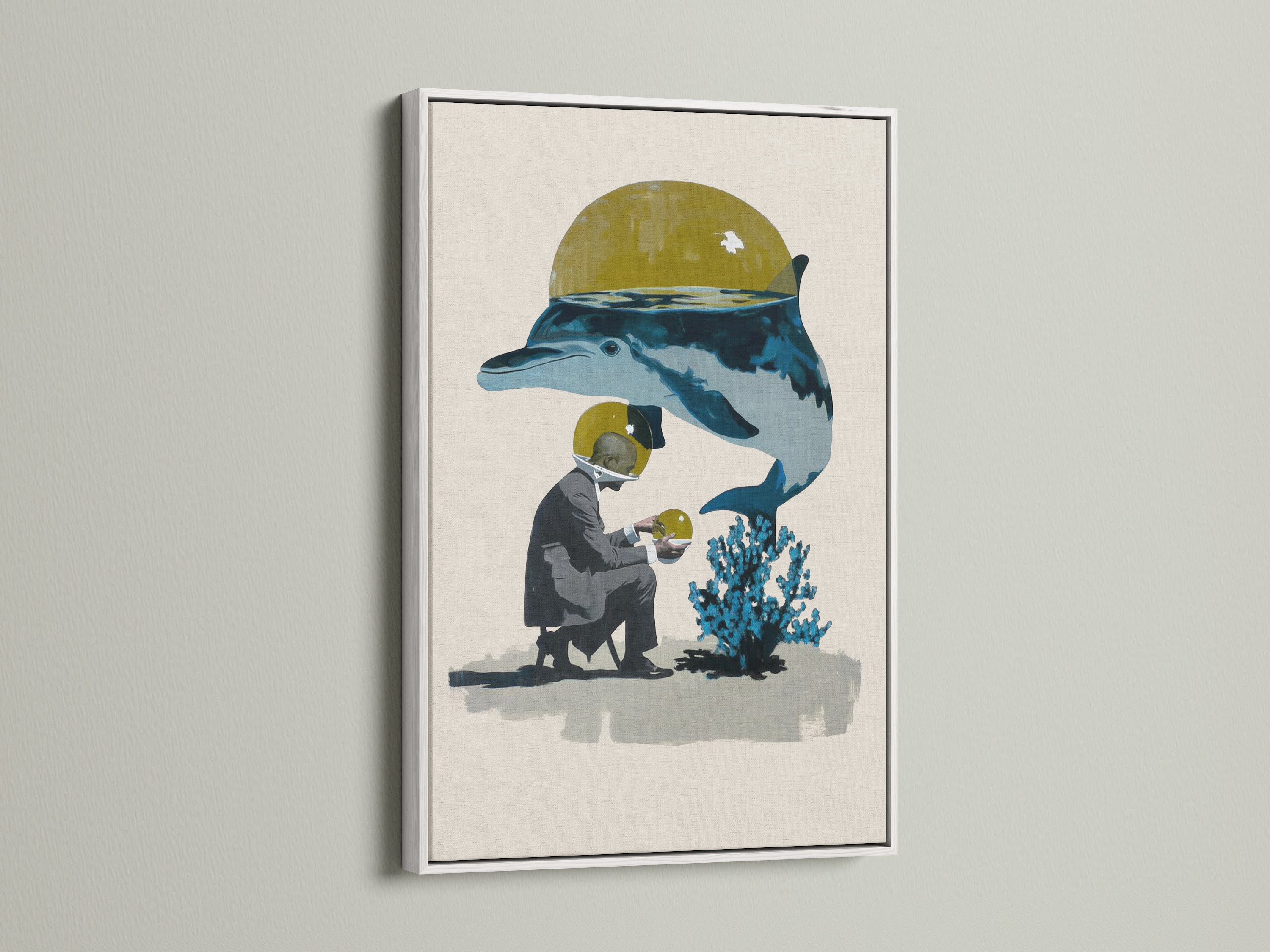 Surreal Ocean Artwork with a white frame. A diver and whale are featured. This contemporary marine life artwork adds a modern touch. The white frame complements any decor. It is suited for any space.