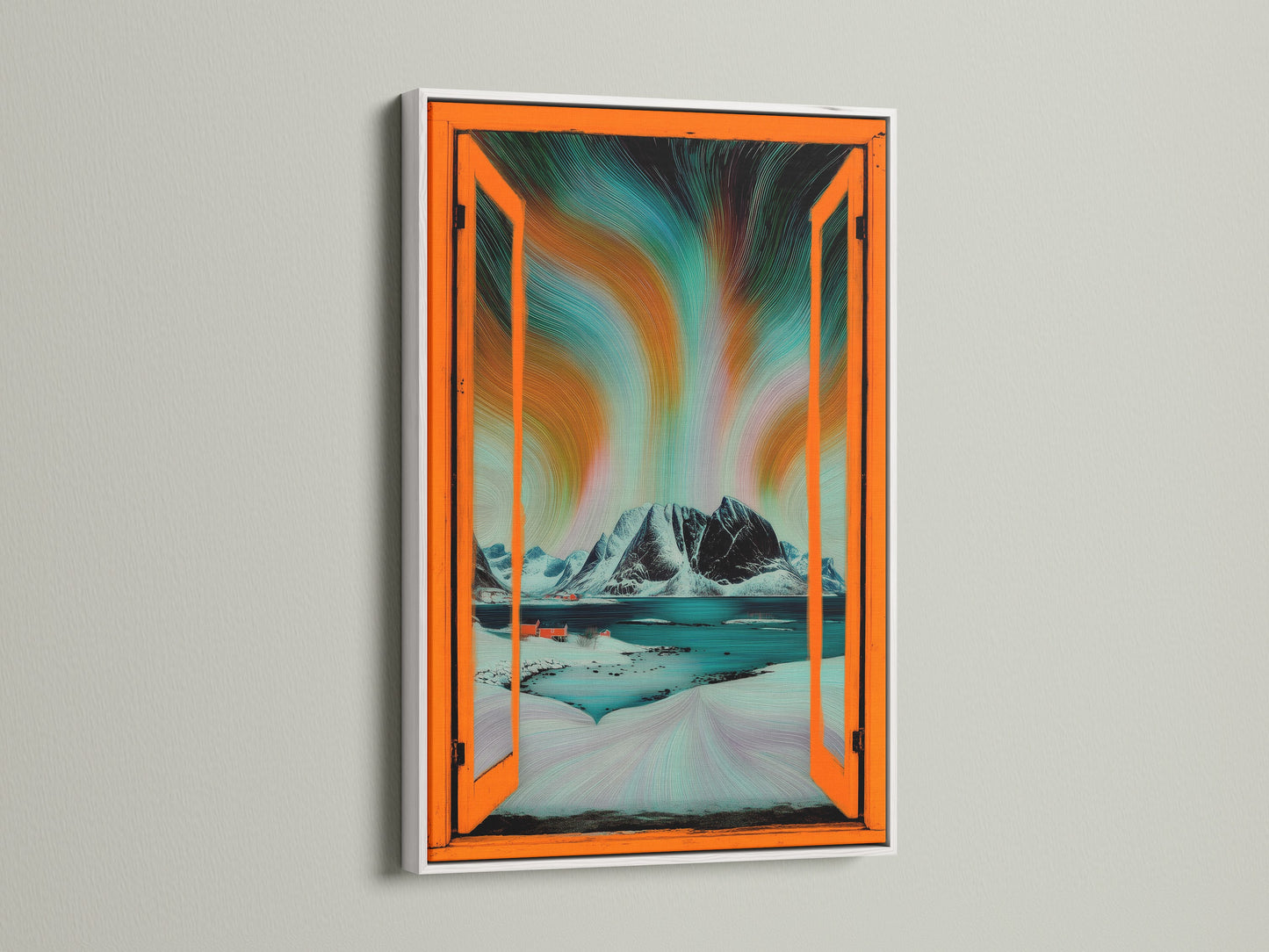 A white frame presents Aurora Borealis artwork.  This Nordic landscape wall art offers an open window view. Teal and orange colors create a modern home art piece. The frame complements the winter landscape beautifully.