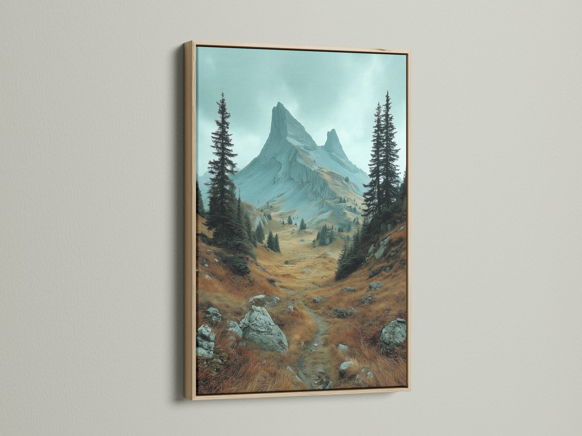 Oak frame mountain landscape artwork. This nature print showcases an alpine landscape ideal as rustic wall decor. The oak frame complements the earth tones and wilderness canvas. It is perfect for adding a touch of nature to any room.
