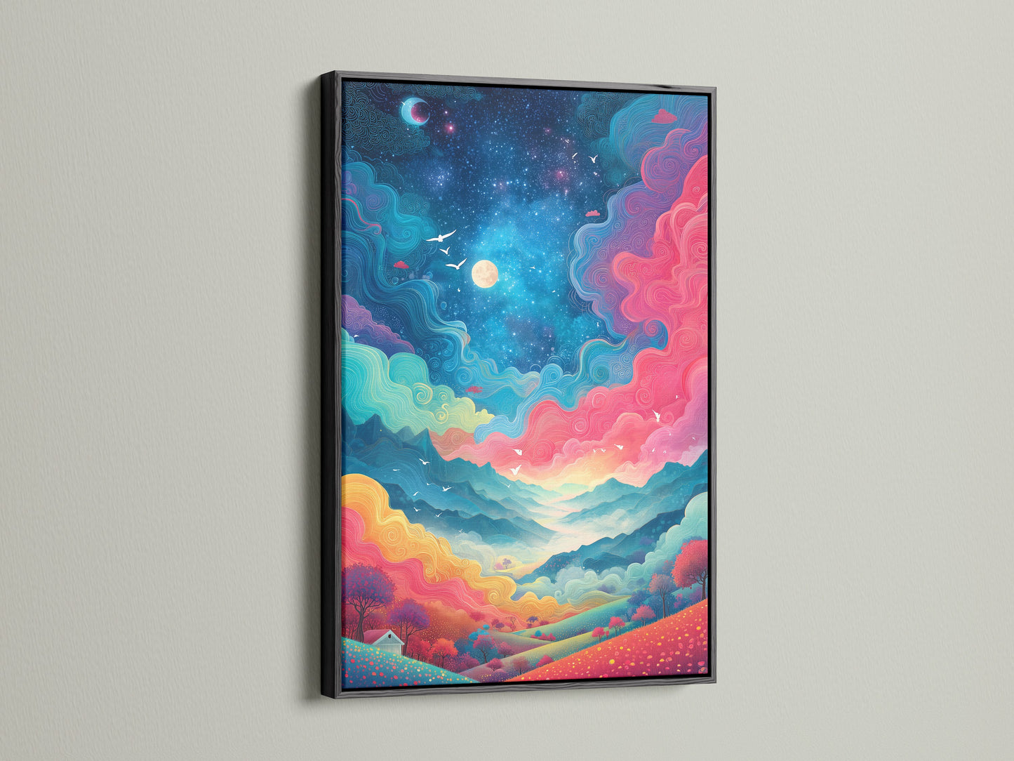 The fantasy landscape artwork is presented in a black frame. The colorful sky adds a modern touch to any room. The artwork includes pink teal and yellow elements. This art is displayed on a white wall. The black frame creates a striking contrast.