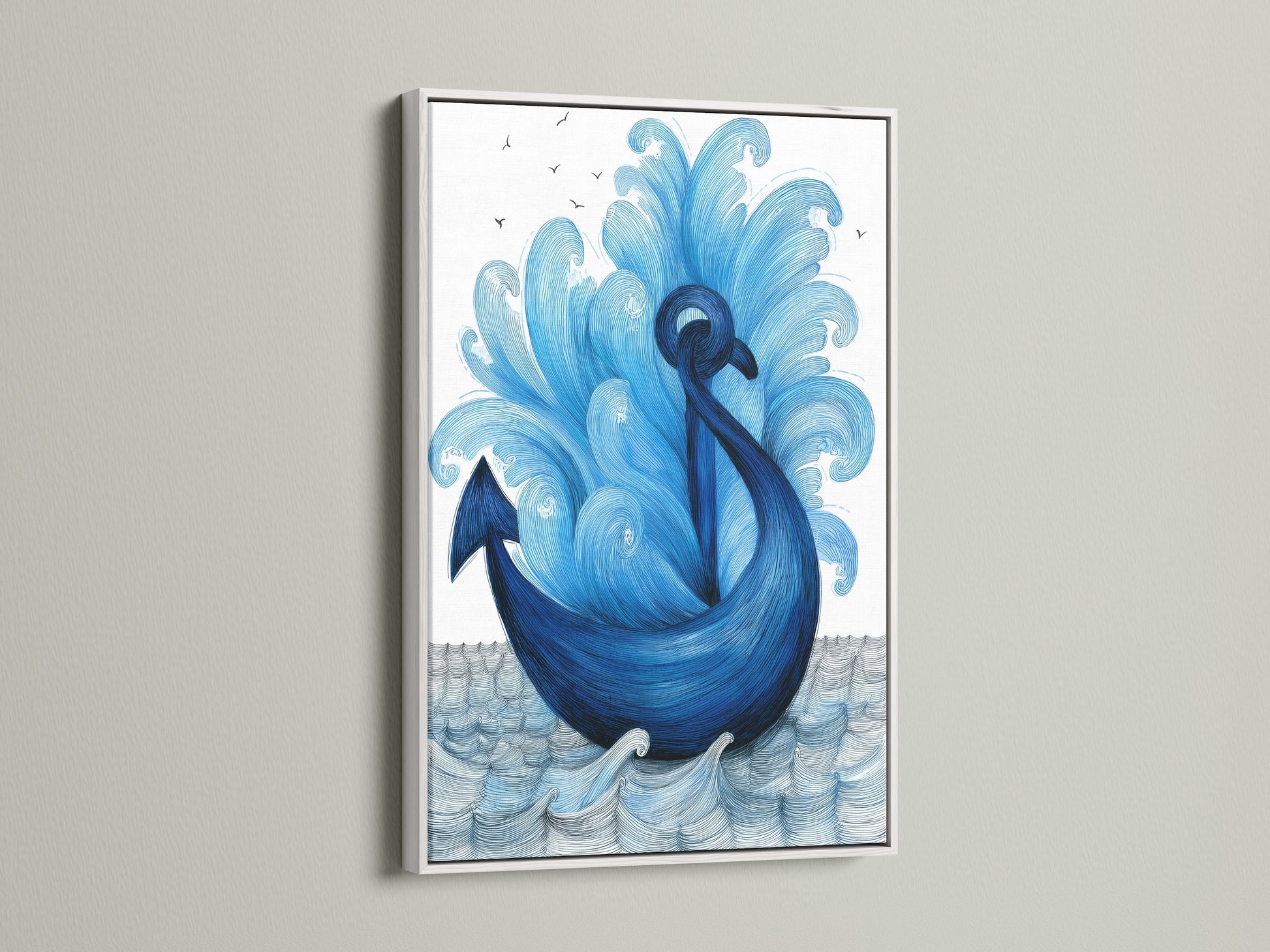 Discover our navy blue anchor artwork in a white frame. This coastal artwork brings a fresh nautical print vibe. The white frame enhances the ocean canvas. Perfect for sea themed art. Elevate your bathroom wall art with this piece. Ideal for a beach house or boat decor. Maritime art at its finest.