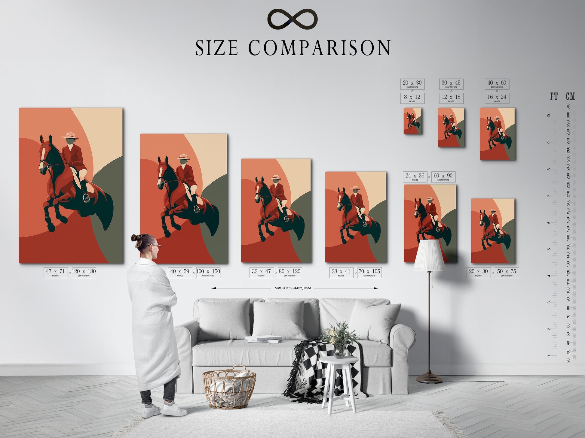 A size comparison chart displayed in a room setting. The chart helps visualize different artwork sizes. It shows how each size fits within a living space. This ensures you select the perfect dimensions for your artwork.
