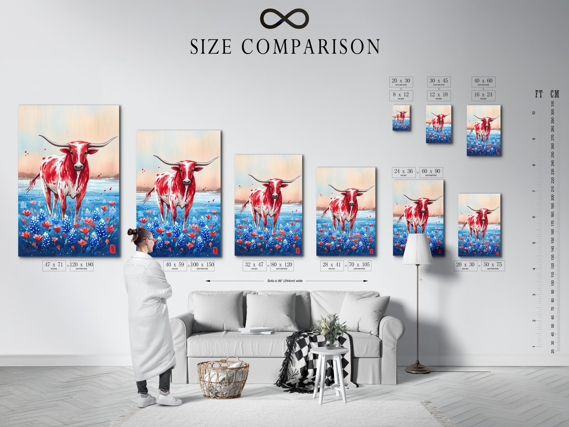 A size comparison chart featuring Texas Longhorn art displayed in an interior. See how different sizes of this western canvas art fit in various spaces. Visualize the perfect fit for your farmhouse wall decor. Choose the ideal size for your space.
