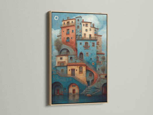 Oak frame artwork. This artwork features a stack of buildings with bridges and stairs. The art is framed in a light oak frame. This wall art brings color and architectural interest to any room. Add a touch of sophistication to your living space.